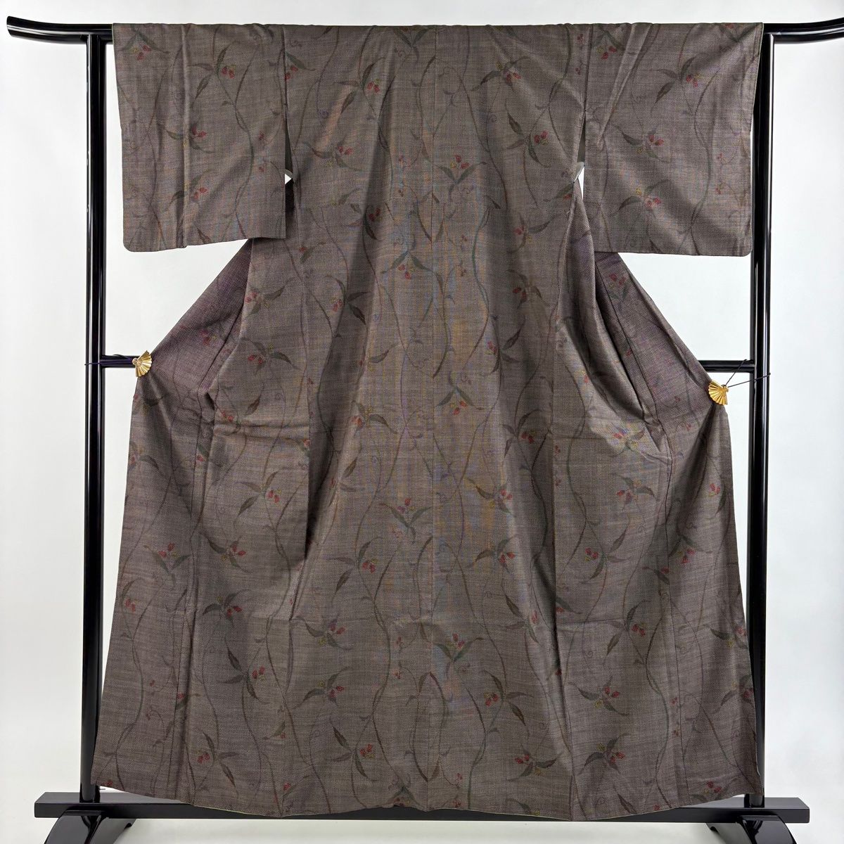 紬 身丈159 cm 裄丈63 S 袷 草花 焦茶色 正絹 秀品