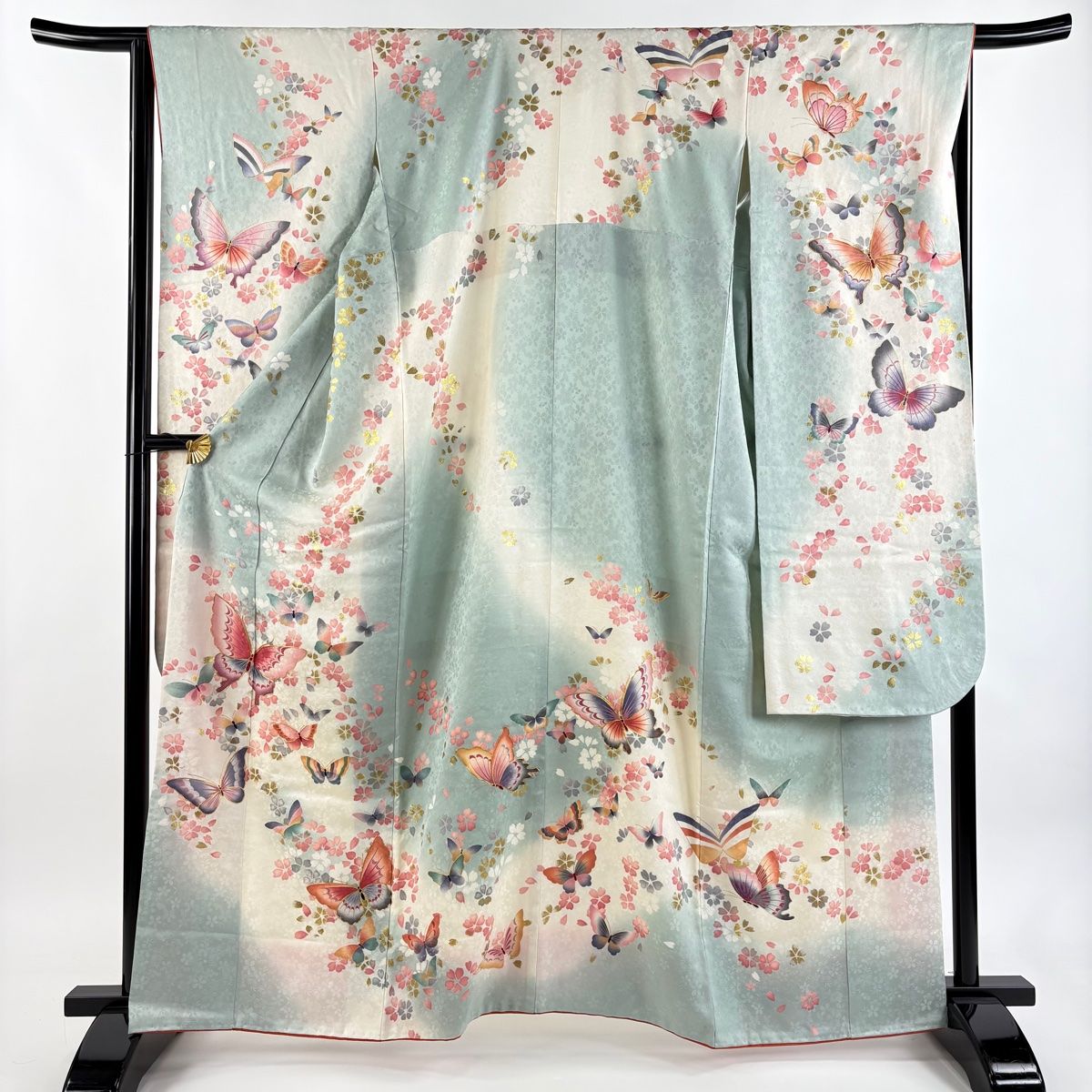 振袖 身丈160.5 cm 裄丈66 M 袷 岩田専太郎 落款 蝶 桜 金糸 金彩 灰緑 正絹 秀品