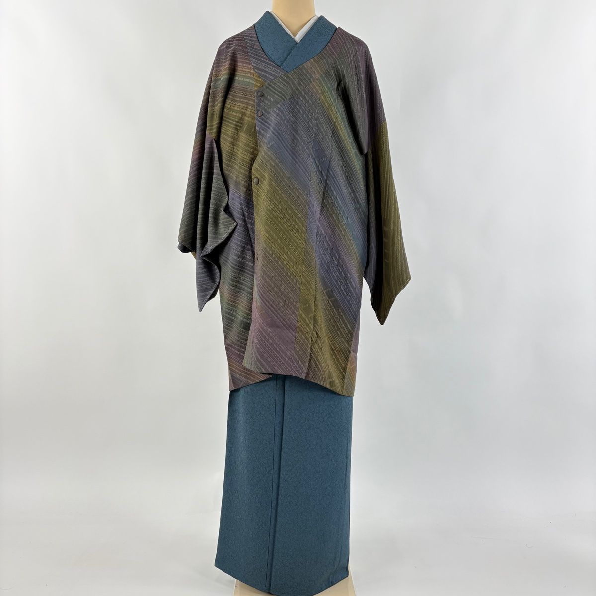 道行 身丈93 5 cm 裄丈65 M 和装コート 千代田衿 落款 地紋 ぼかし 茶緑色 正絹 秀品