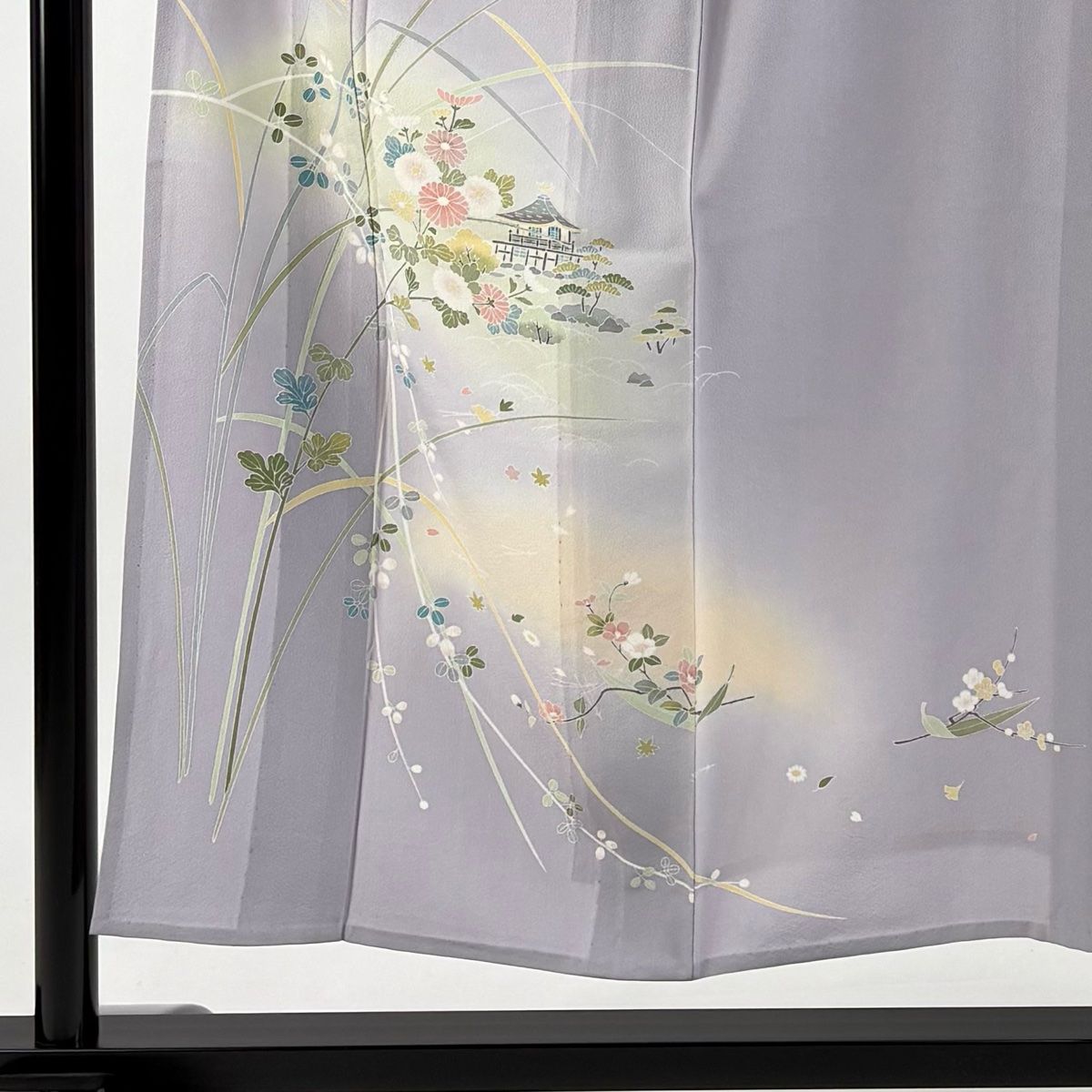 付下げ 身丈151 5 cm 裄丈63 S 単衣 落款 菊 家屋 染め分け ぼかし 灰紫 正絹 秀品