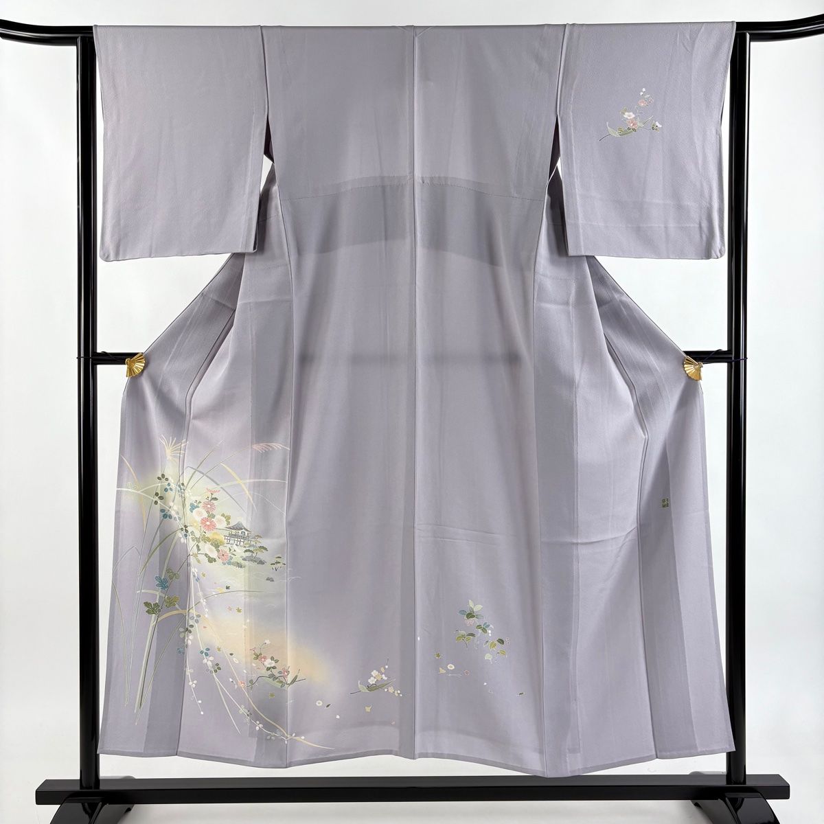 付下げ 身丈151 5 cm 裄丈63 S 単衣 落款 菊 家屋 染め分け ぼかし 灰紫 正絹 秀品