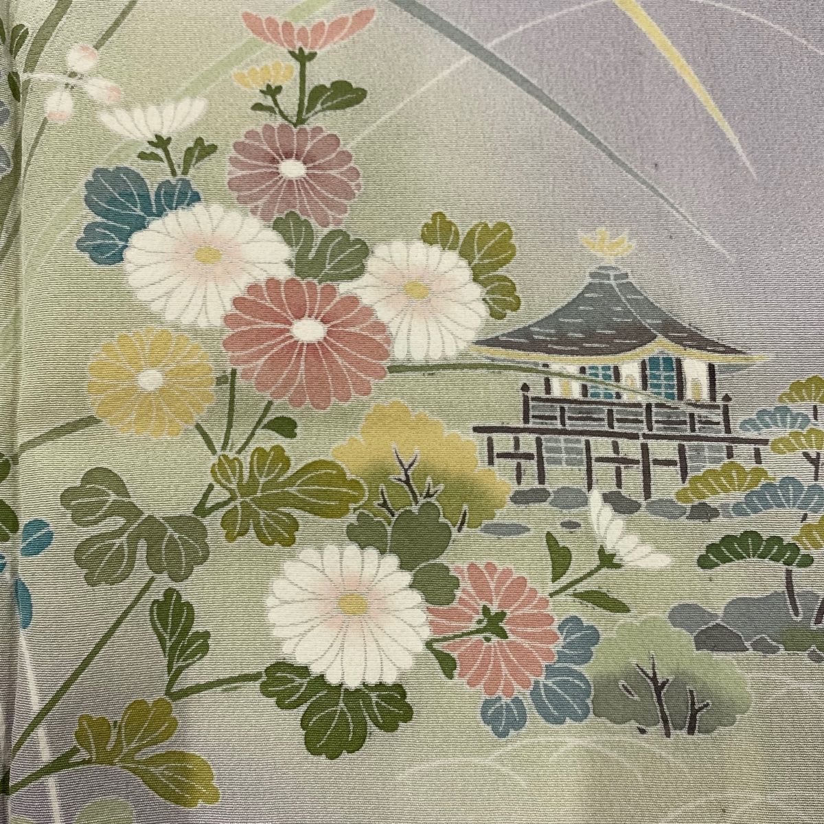  付下げ 身丈151 5 cm 裄丈63 S 単衣 落款 菊 家屋 染め分け ぼかし 灰紫 正絹 秀品 訪問着 付け下げ 着物