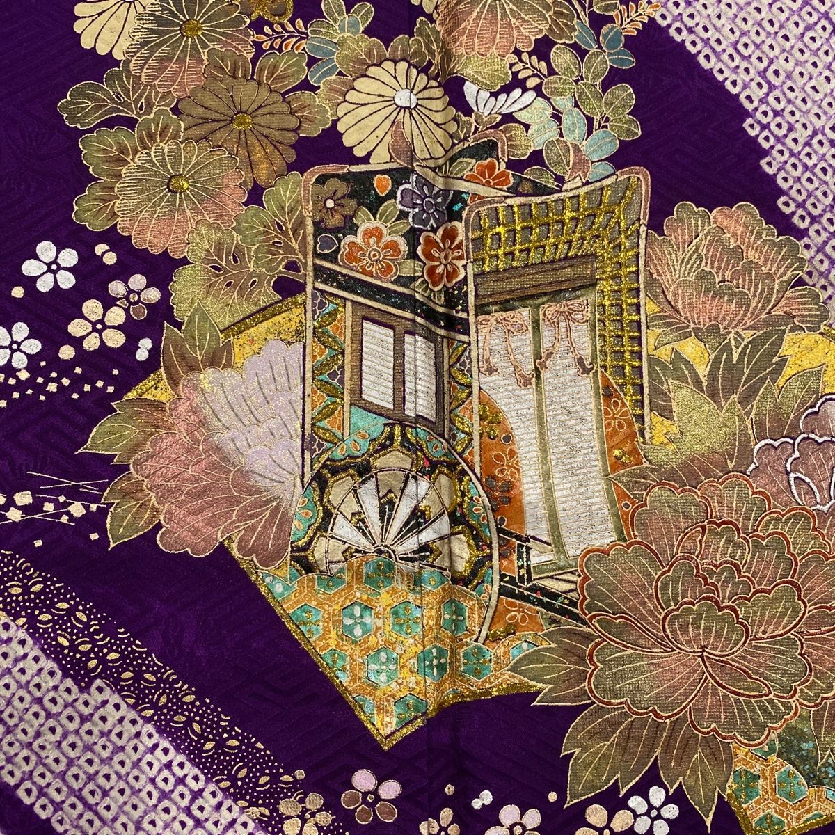  振袖 身丈161 cm 裄丈64 M 袷 御所車 草花 金銀彩 絞り 濃紫 正絹 秀品 振袖 着物