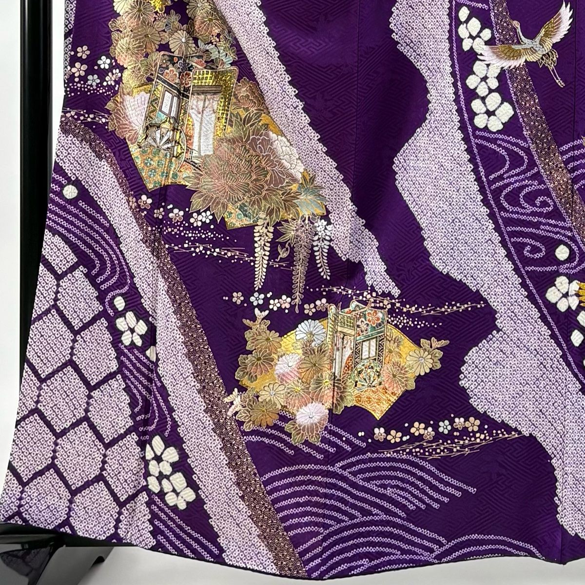 振袖 身丈161 cm 裄丈64 M 袷 御所車 草花 金銀彩 絞り 濃紫 正絹 秀品