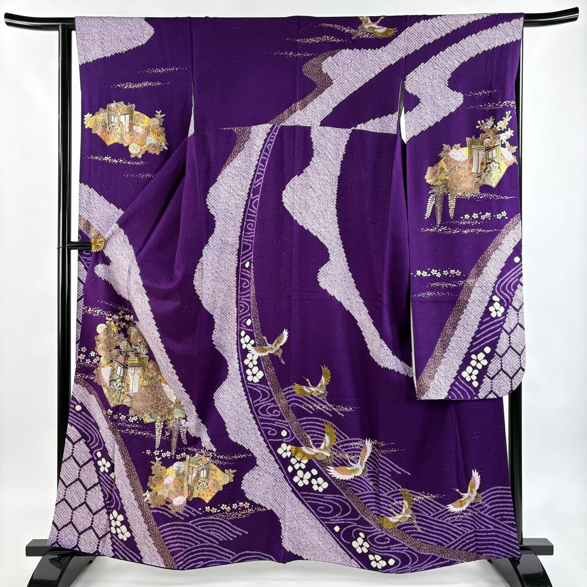 振袖 身丈161cm 裄丈64cm M 袷 御所車 草花 金銀彩 絞り 濃紫 正絹 秀