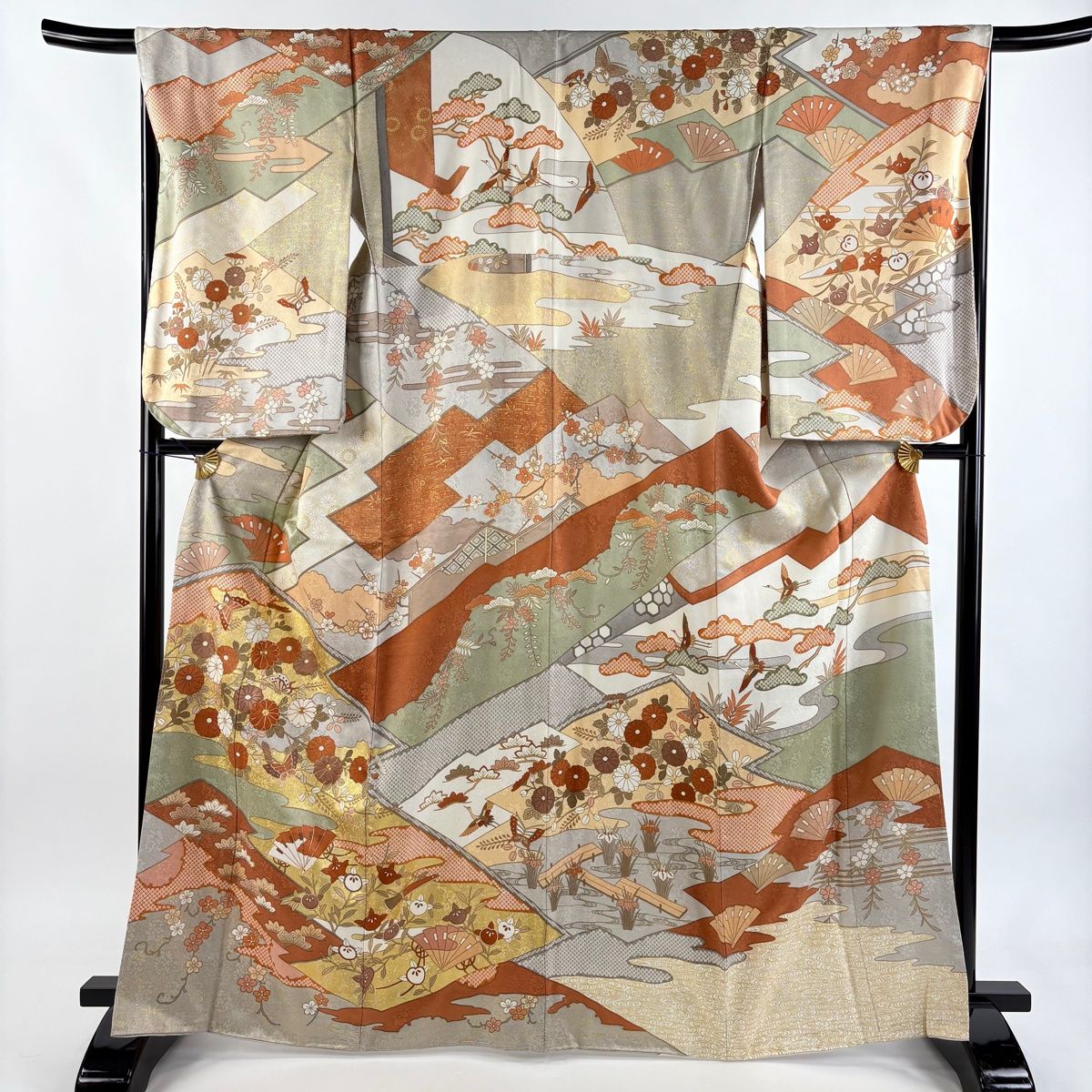 訪問着 身丈165.5 cm 裄丈68.5 L 袷 菊 檜扇 金糸 金彩 クリーム 正絹 秀品