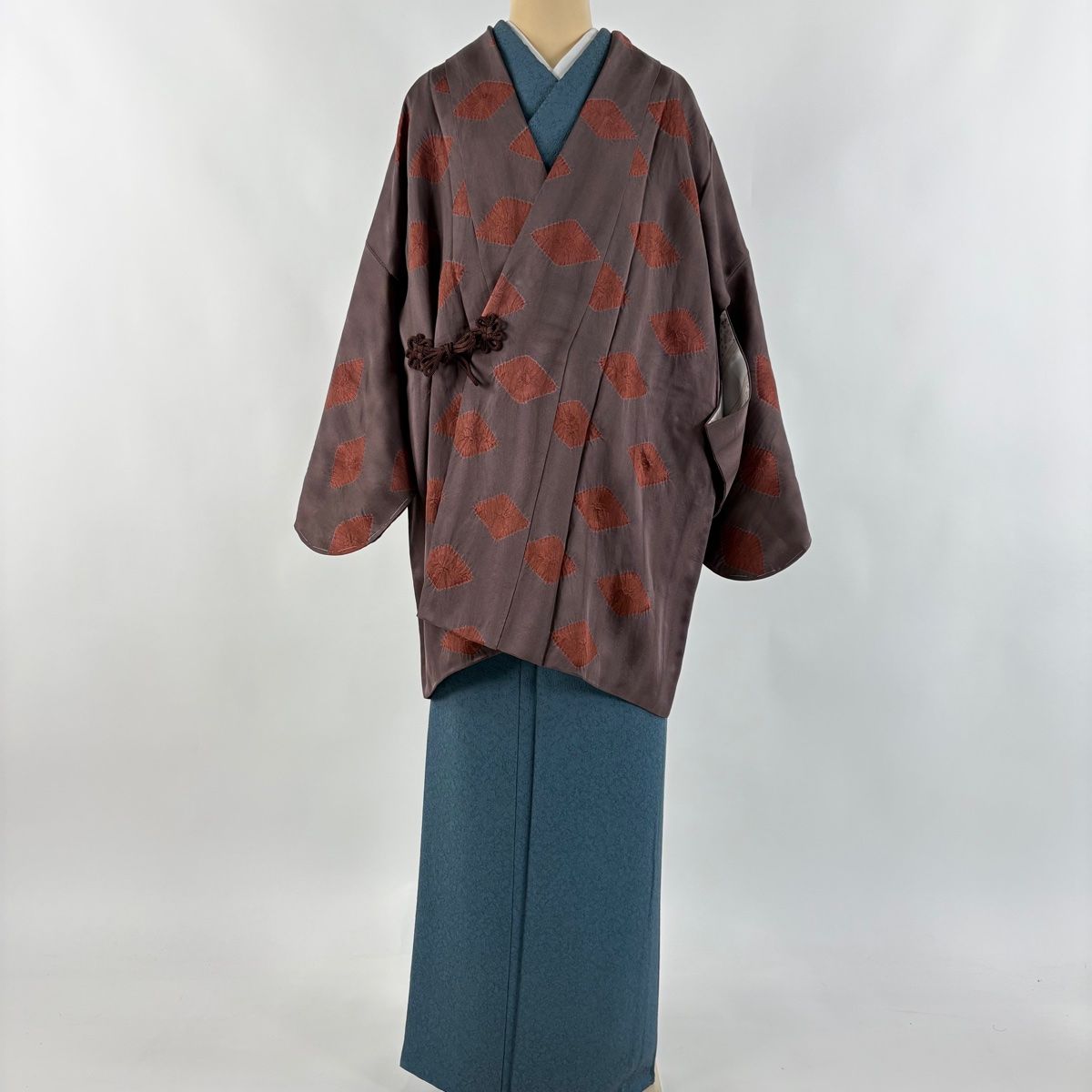 道中着 身丈86 cm 裄丈66.5 M 和装コート 幾何学 絞り 茶紫 正絹 秀品