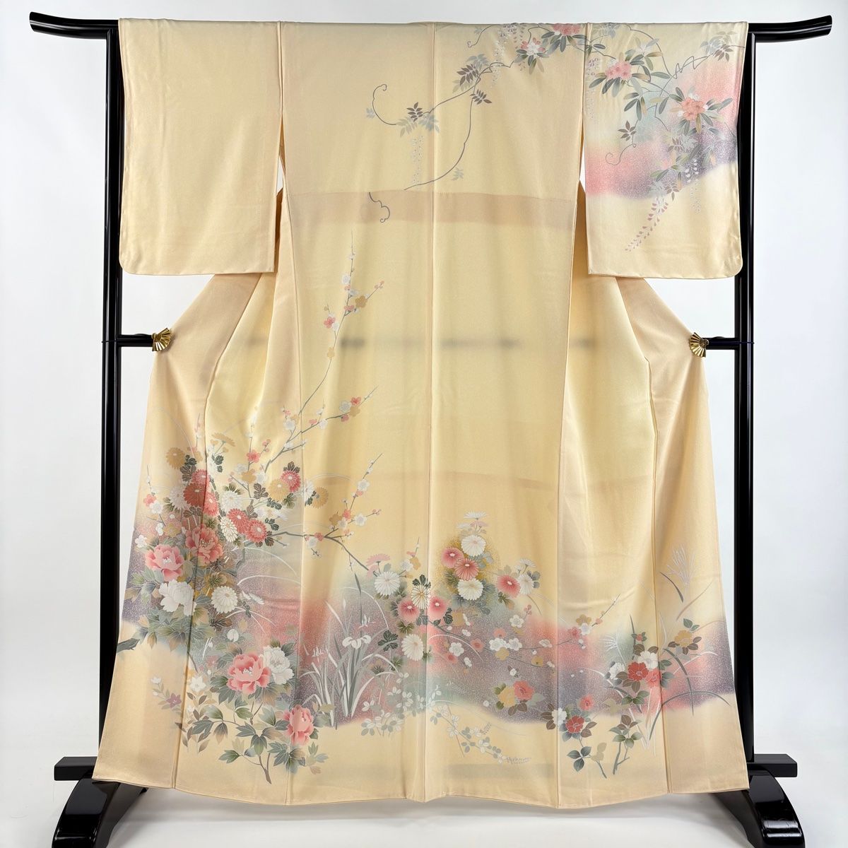 訪問着 身丈162 cm 裄丈64 5 M 袷 牡丹 菊 金彩 ぼかし 薄オレンジ 正絹 秀品