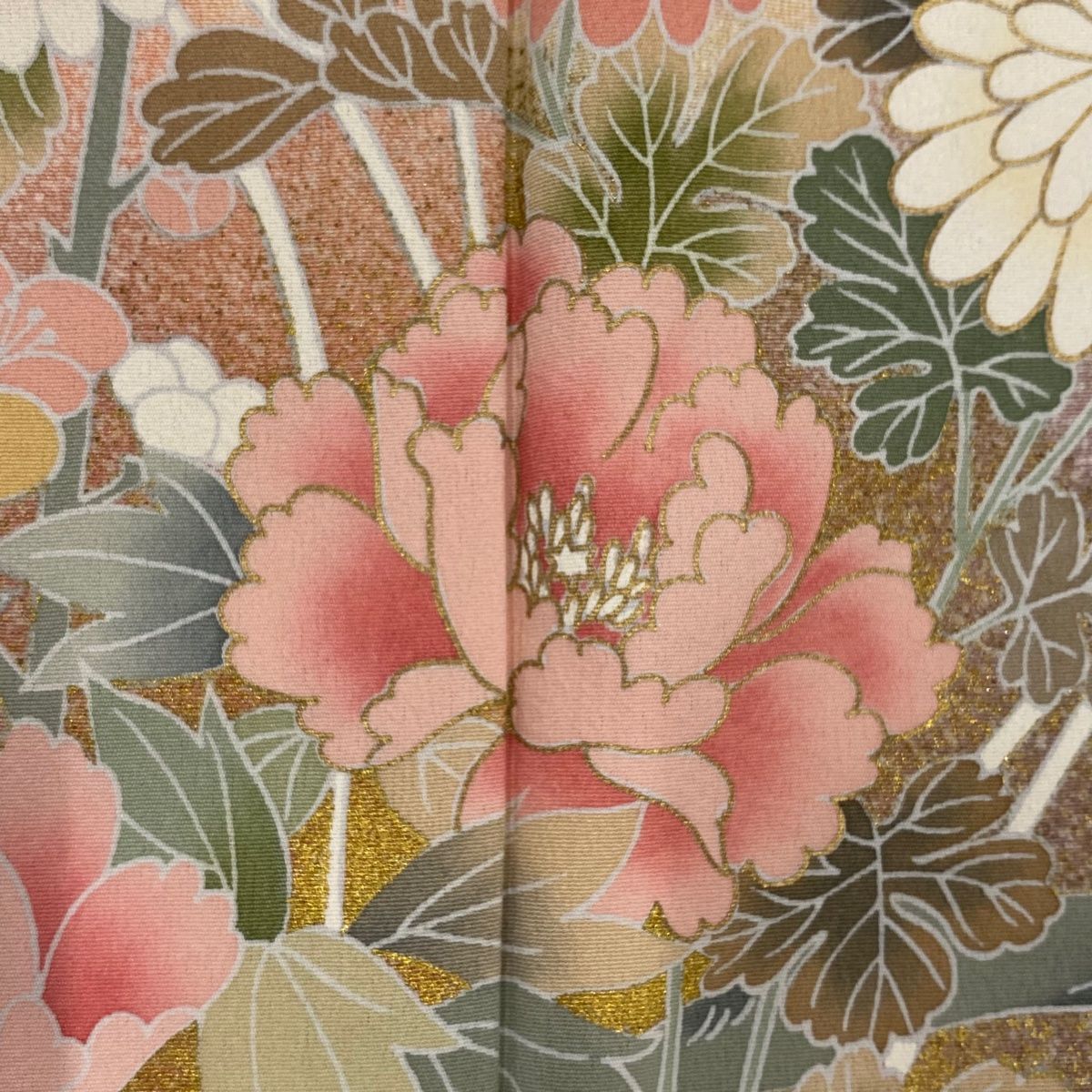  訪問着 身丈162 cm 裄丈64.5 M 袷 牡丹 菊 金彩 ぼかし 薄オレンジ 正絹 秀品 訪問着 付け下げ 着物