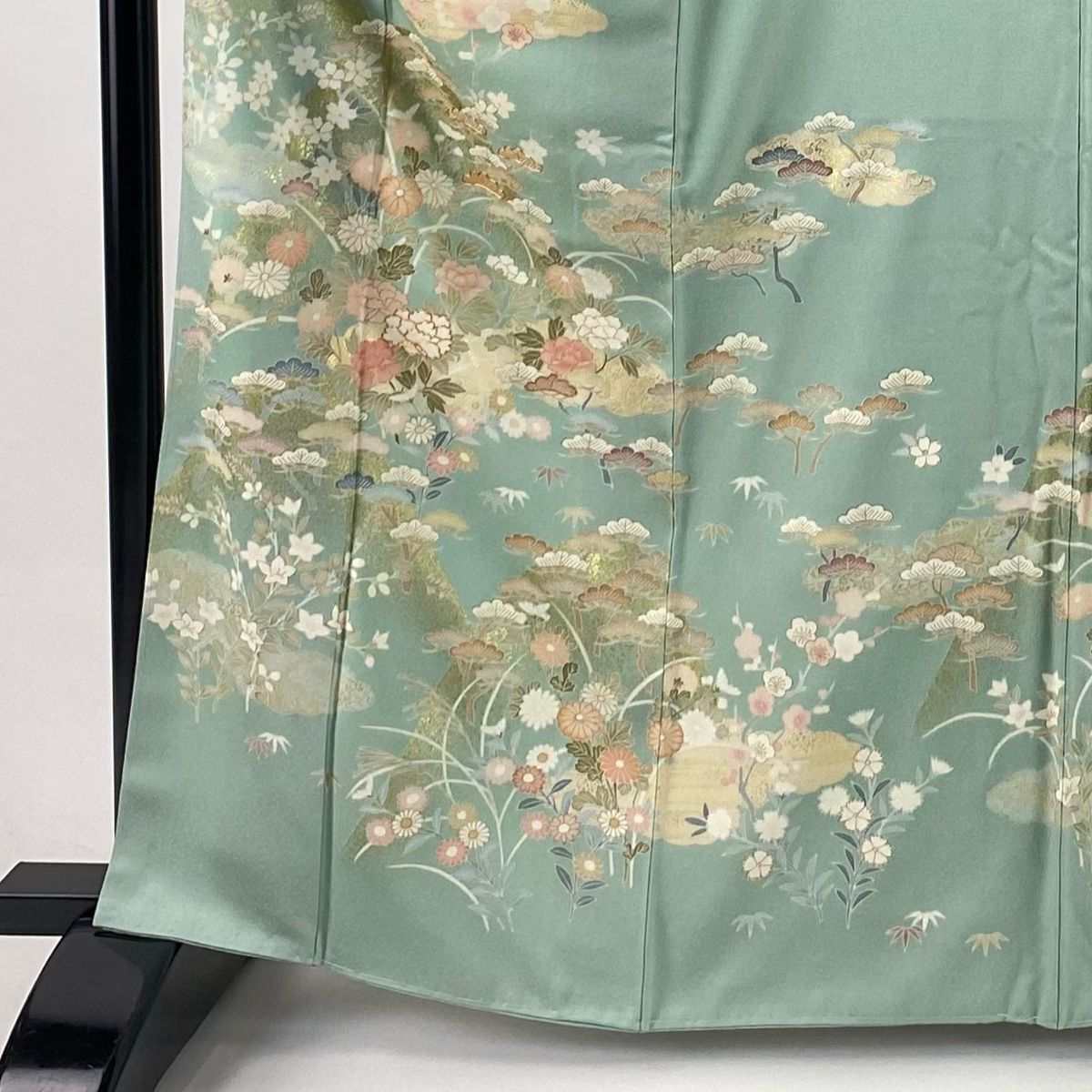 訪問着 身丈164 5 cm 裄丈66 M 袷 松竹梅 牡丹 金糸 金彩 薄緑 正絹 秀品