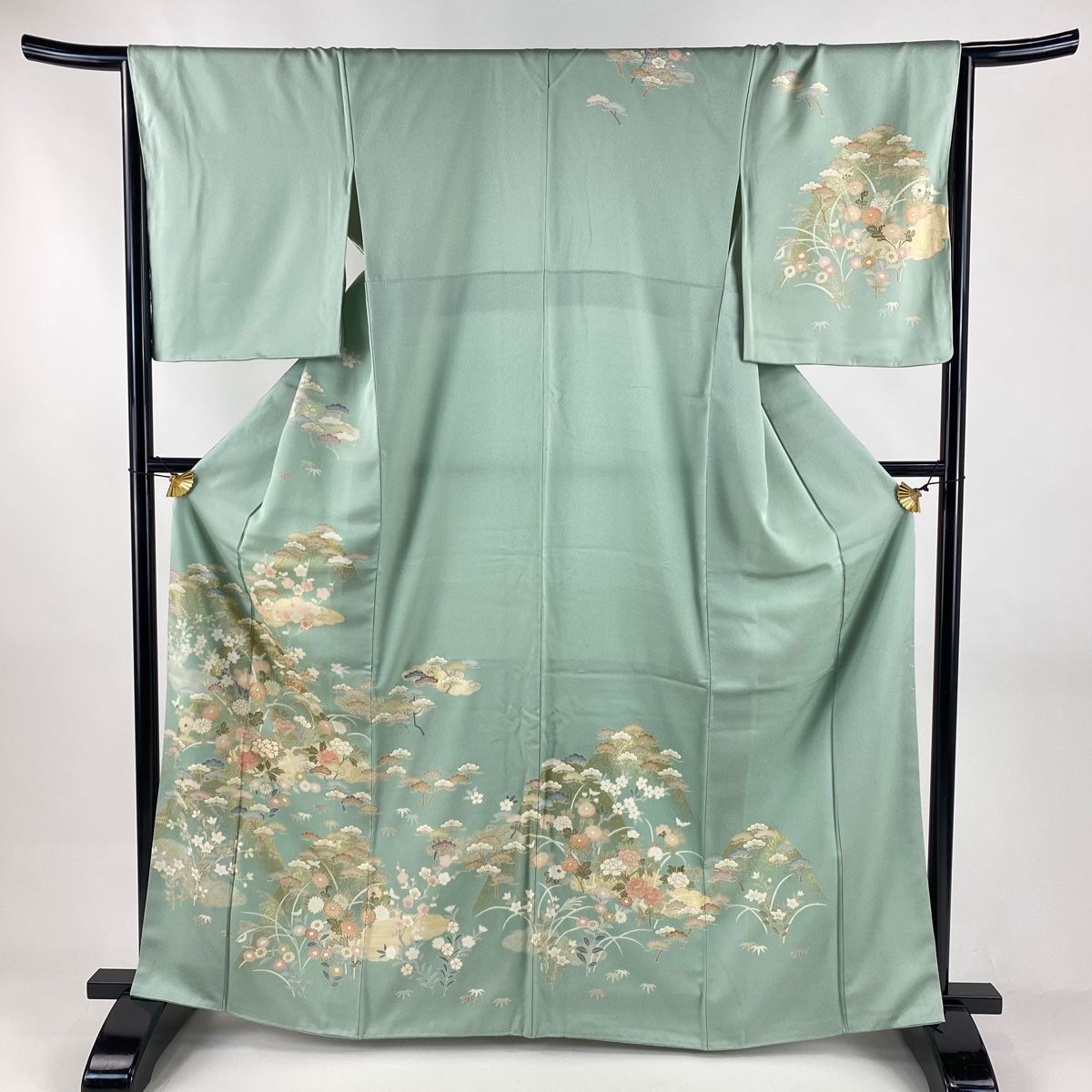 訪問着 身丈164 5 cm 裄丈66 M 袷 松竹梅 牡丹 金糸 金彩 薄緑 正絹 秀品