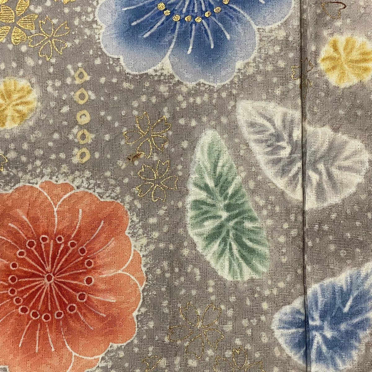  振袖 身丈162 5 cm 裄丈66 M 袷 鈴乃屋 草花 金糸 金彩 灰色 正絹 秀品 振袖 着物