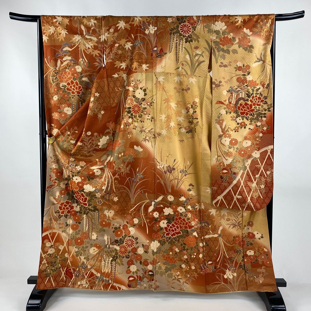 振袖 身丈163 5 cm 裄丈66 M 袷 御所車 牡丹 金糸 金彩 赤茶 正絹 秀品