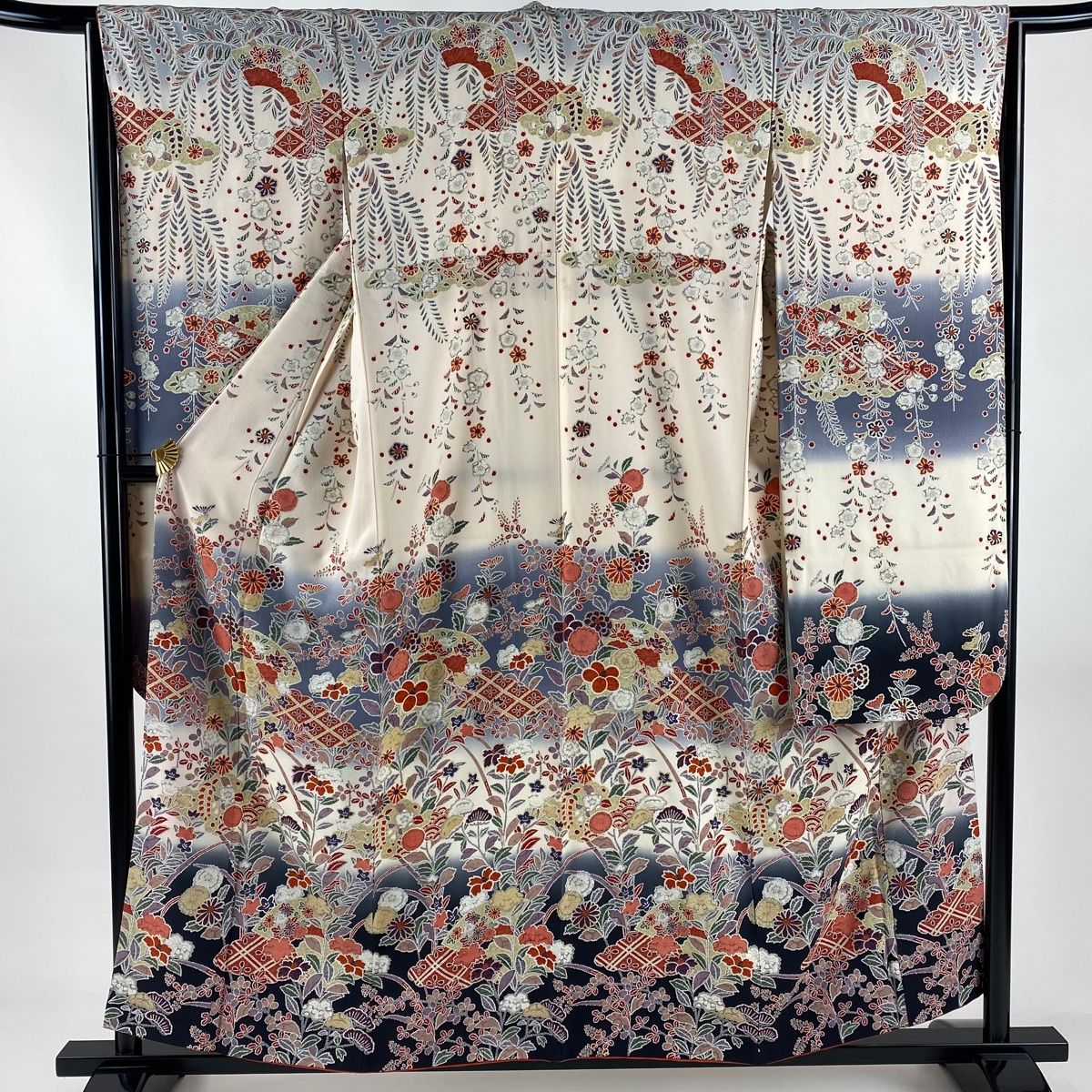 振袖 身丈157 5 cm 裄丈65 M 袷 草花 金銀彩 ぼかし 青灰色 正絹 秀品