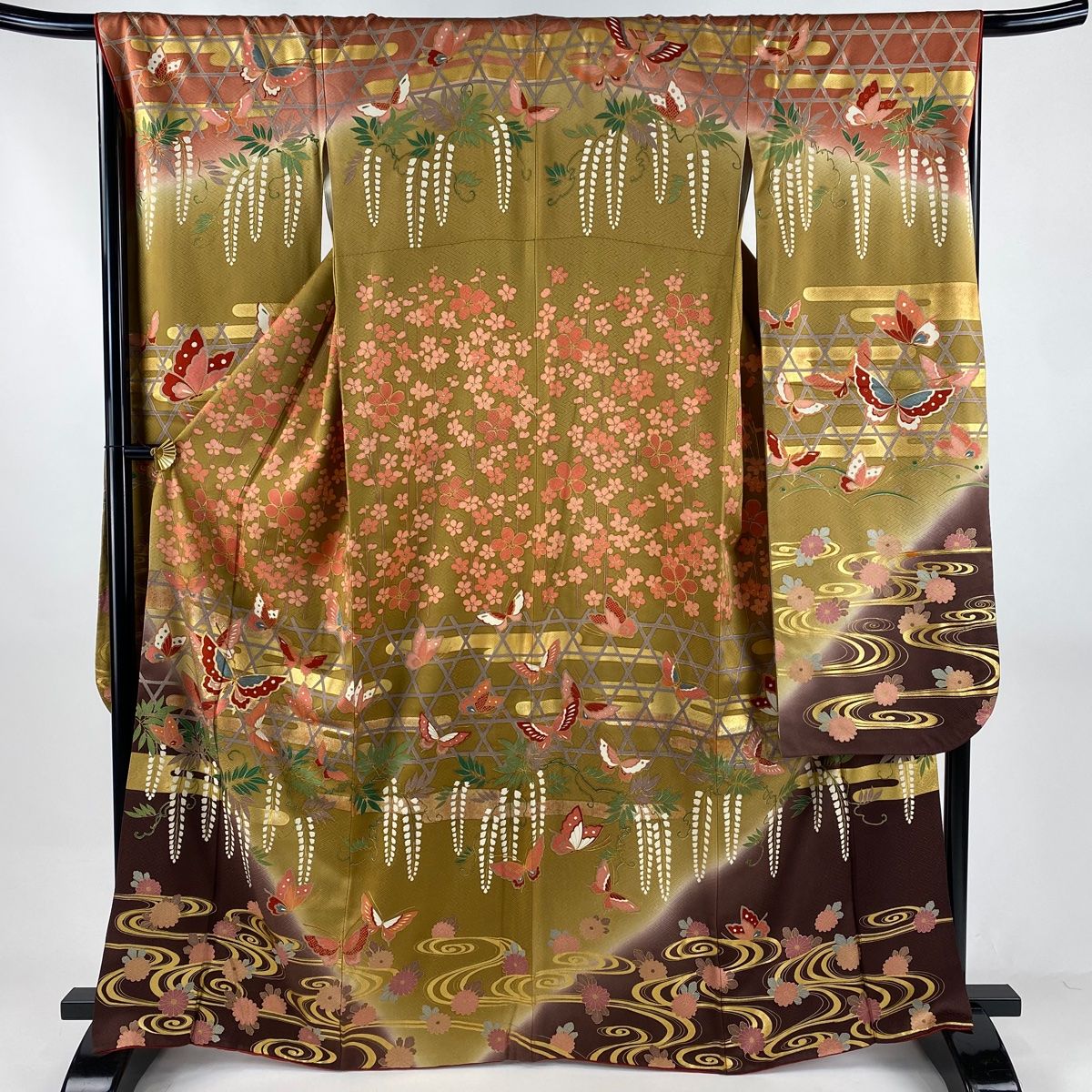 振袖 身丈165.5 cm 裄丈68 L 袷 蝶 藤 金糸 金彩 黄土色 正絹 秀品