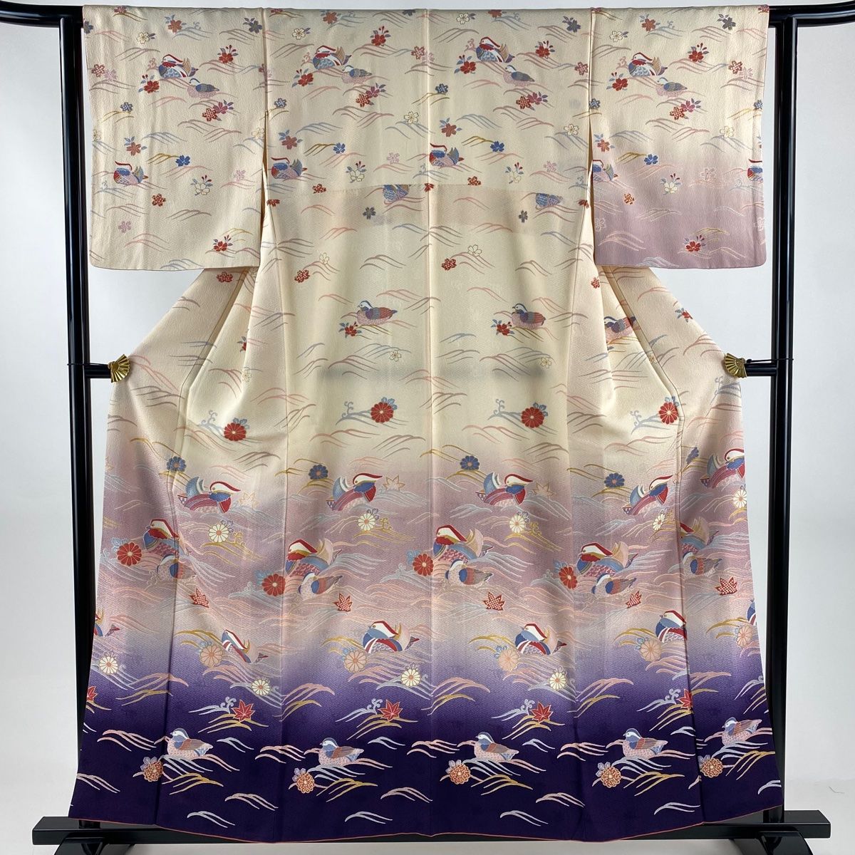 訪問着 身丈158 cm 裄丈62 S 袷 鴛鴦 波 金さ 染め分け 薄オレンジ 正絹 秀品