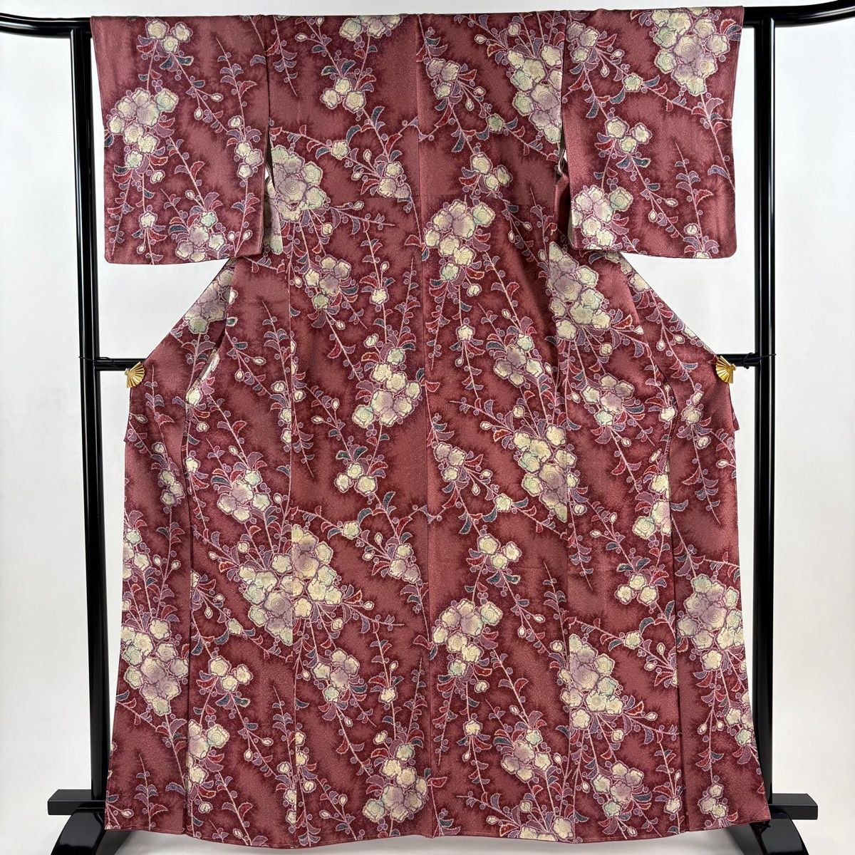 小紋 身丈163 5 cm 裄丈63 S 袷 辻が花柄 ぼかし 赤紫 正絹 秀品