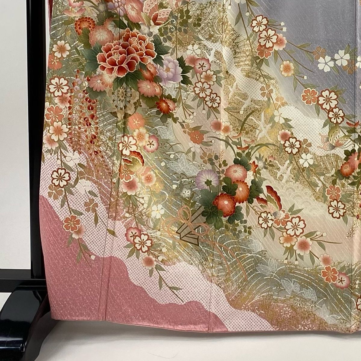 振袖 身丈168 cm 裄丈67 M 袷 花車 波 金彩 灰紫 正絹 秀品