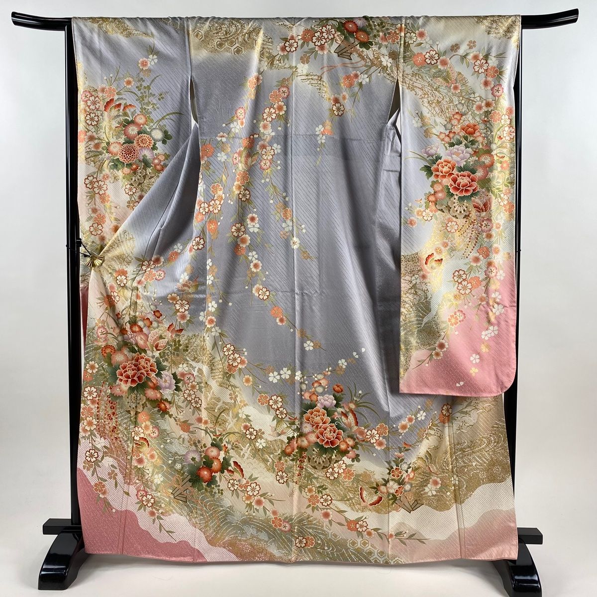 振袖 身丈168 cm 裄丈67 M 袷 花車 波 金彩 灰紫 正絹 秀品