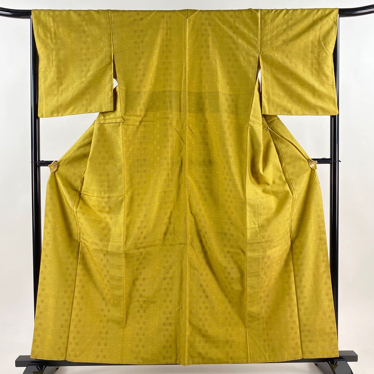 紬 身丈161 cm 裄丈65.5 M 袷 縞 幾何学模様 からし色 正絹