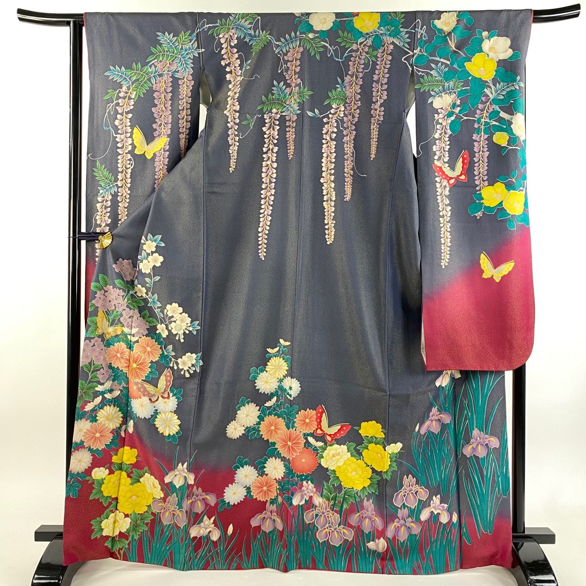 振袖 身丈169 5 cm 裄丈65 M 袷 草花 蝶 金通し 金糸 灰色 正絹