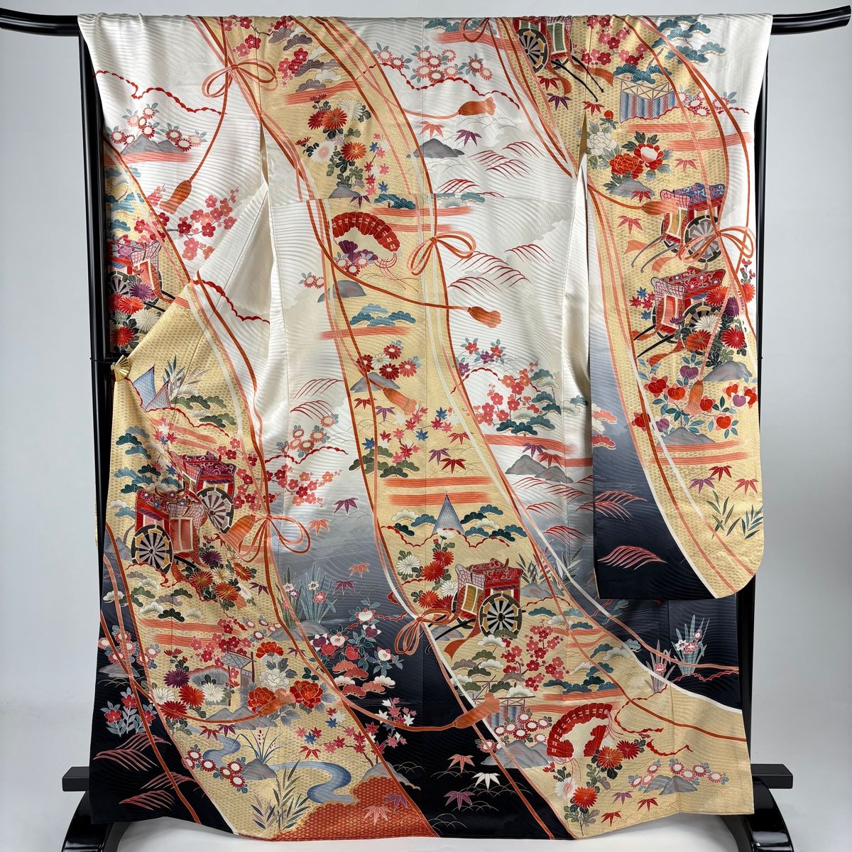 振袖 身丈169 5 cm 裄丈68 L 袷 御所車 松竹梅 金糸 金彩 ベージュ 正絹