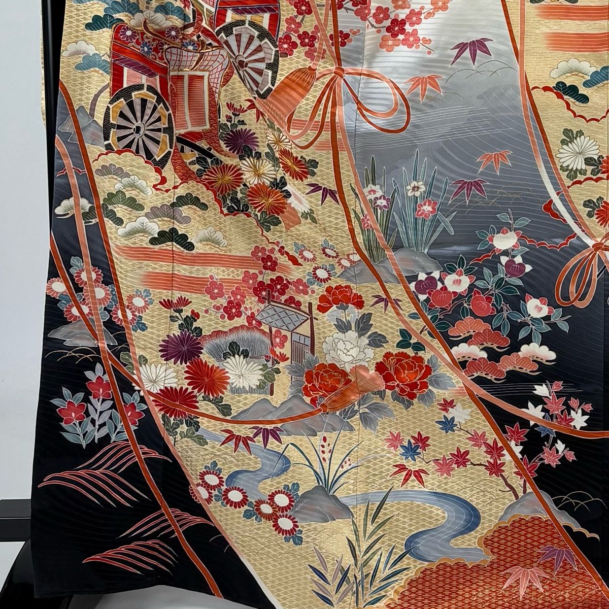 振袖 身丈169.5 cm 裄丈68 L 袷 御所車 松竹梅 金糸 金彩 ベージュ 正絹