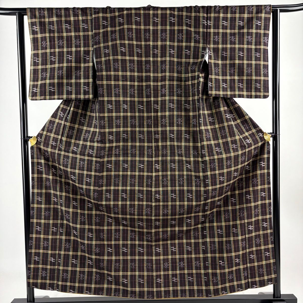 紬 身丈156 cm 裄丈63 S 袷 やまと 格子 幾何学 濃紫 正絹