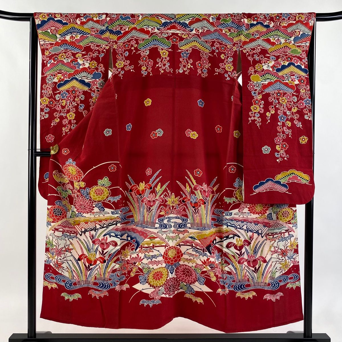 振袖 身丈150 5 cm 裄丈63 S 袷 落款 松竹梅 菊 縮緬 赤 正絹