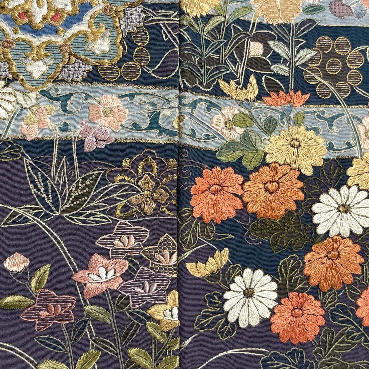 訪問着 身丈161.5cm 裄丈65cm M 袷 華文 秋草 刺繍 金糸 紫 正絹