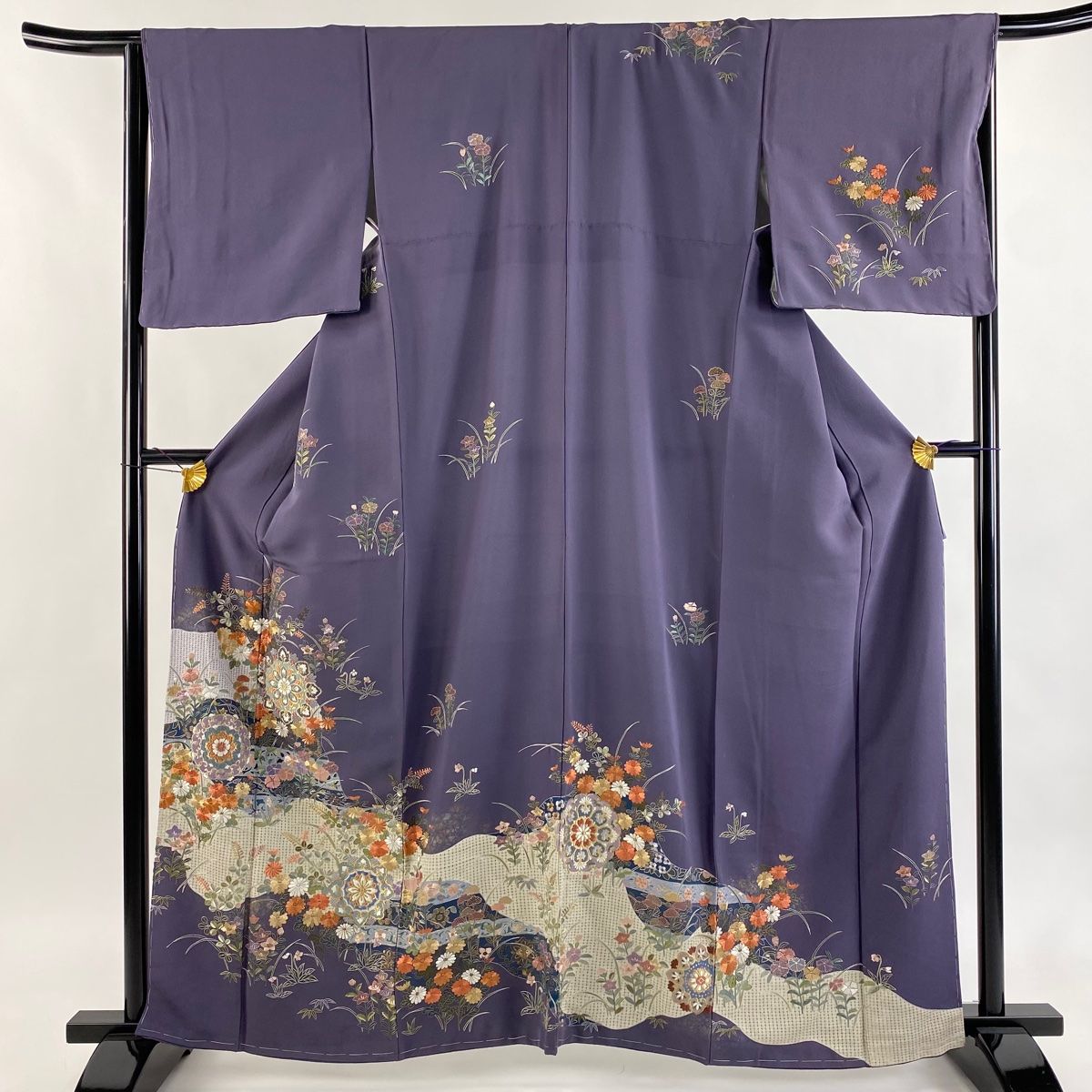 訪問着 身丈161.5cm 裄丈65cm M 袷 華文 秋草 刺繍 金糸 紫 正絹