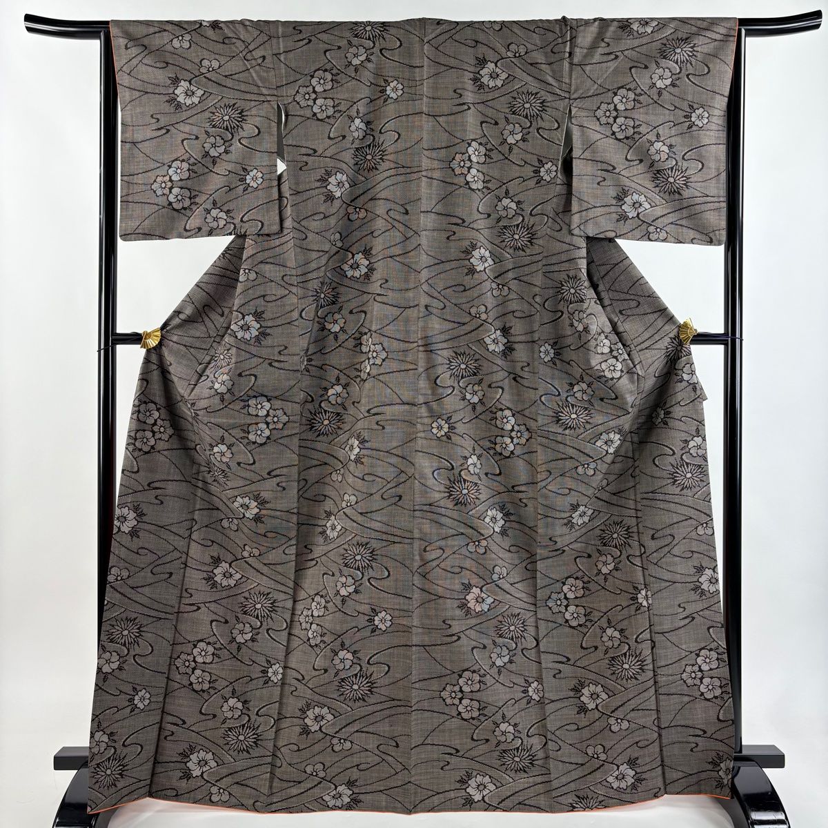 大島紬 身丈169 cm 裄丈64 M 袷 純泥染 証紙 梅 波 焦茶色 正絹