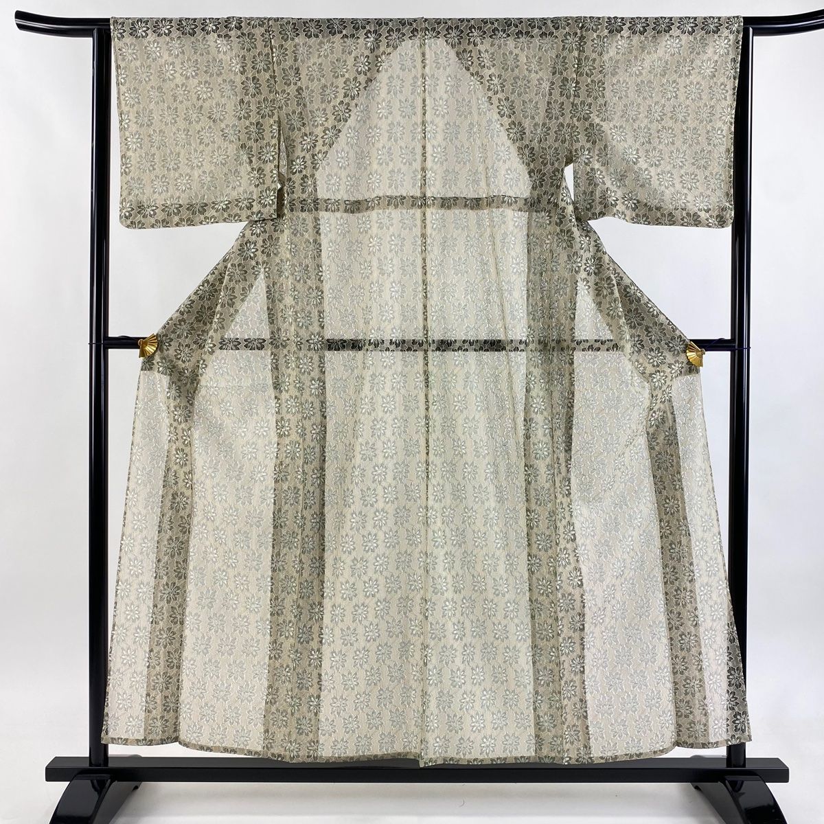 小紋 身丈156 5 cm 裄丈63 S 薄物 バチ衿 花 灰緑 正絹