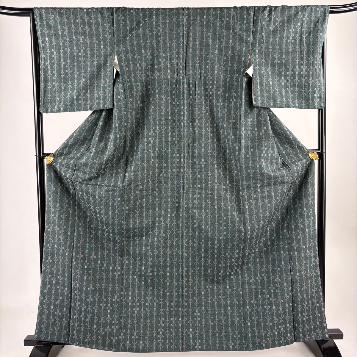 紬 身丈165.5 cm 裄丈67.5 L 袷 縞 幾何学模様 深緑 正絹