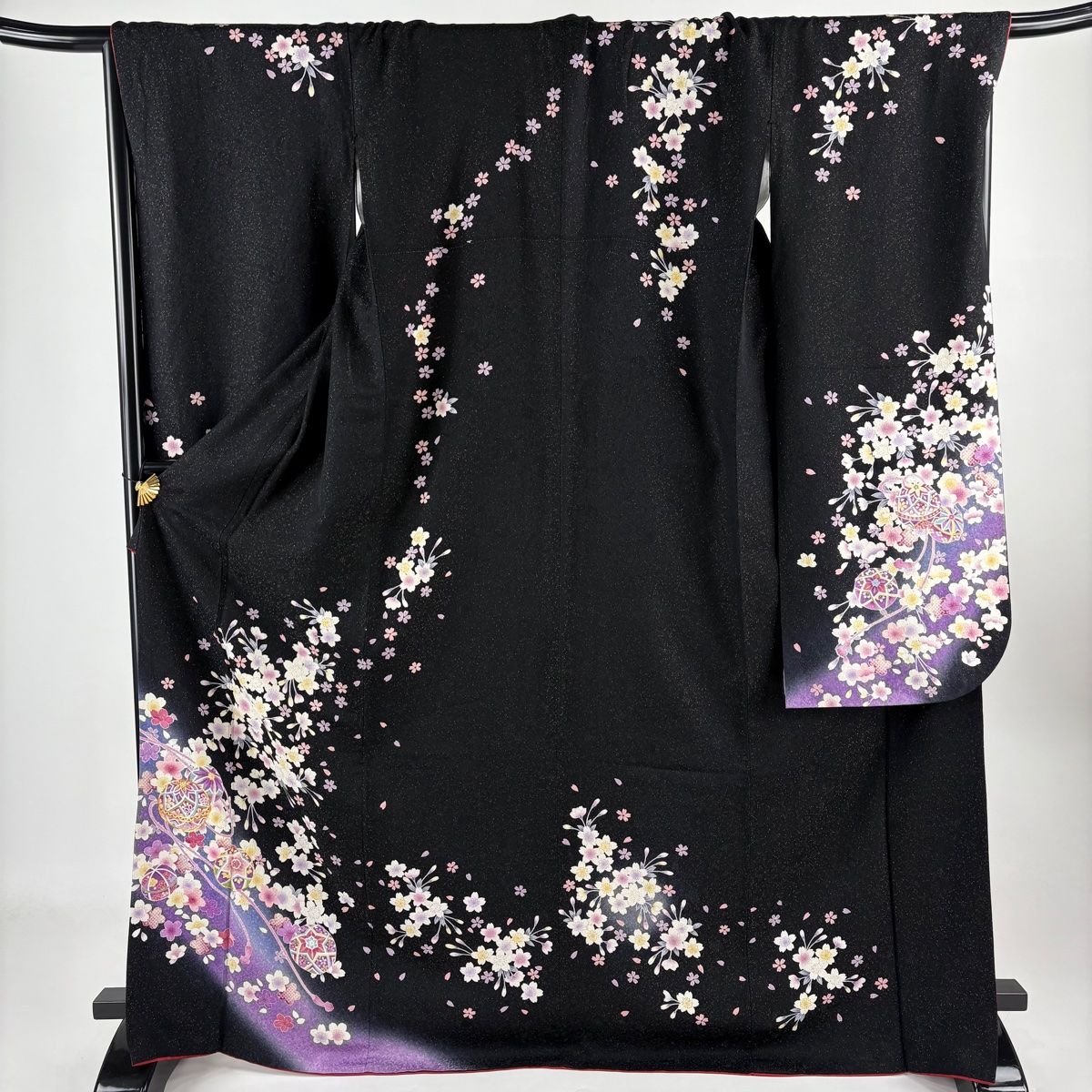 振袖 身丈171.5cm 裄丈69cm L 袷 桜 手鞠 金通し 金糸 黒 正絹 名品