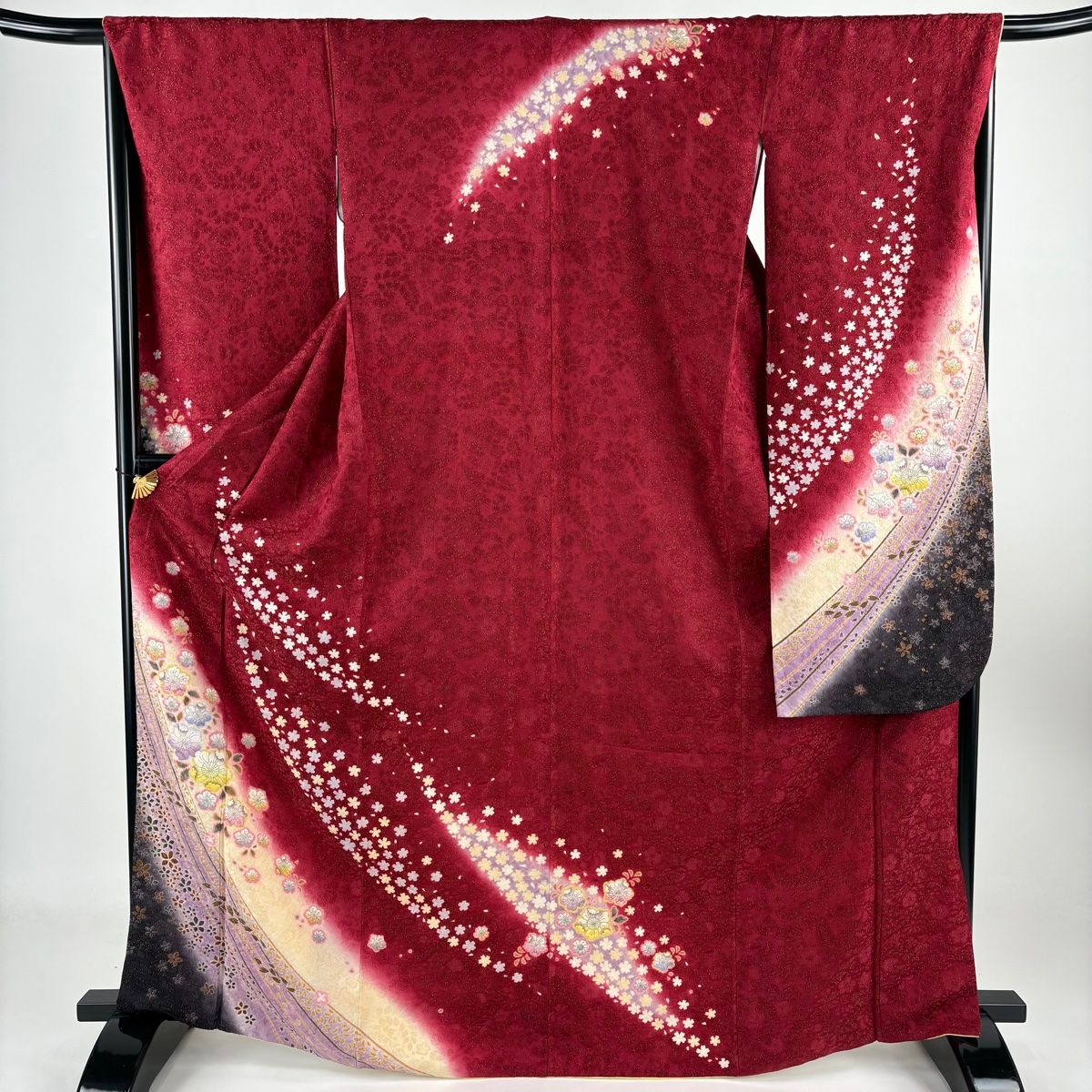 振袖 身丈169 cm 裄丈67 M 袷 草花 花びら 金通し ぼかし えんじ色 正絹