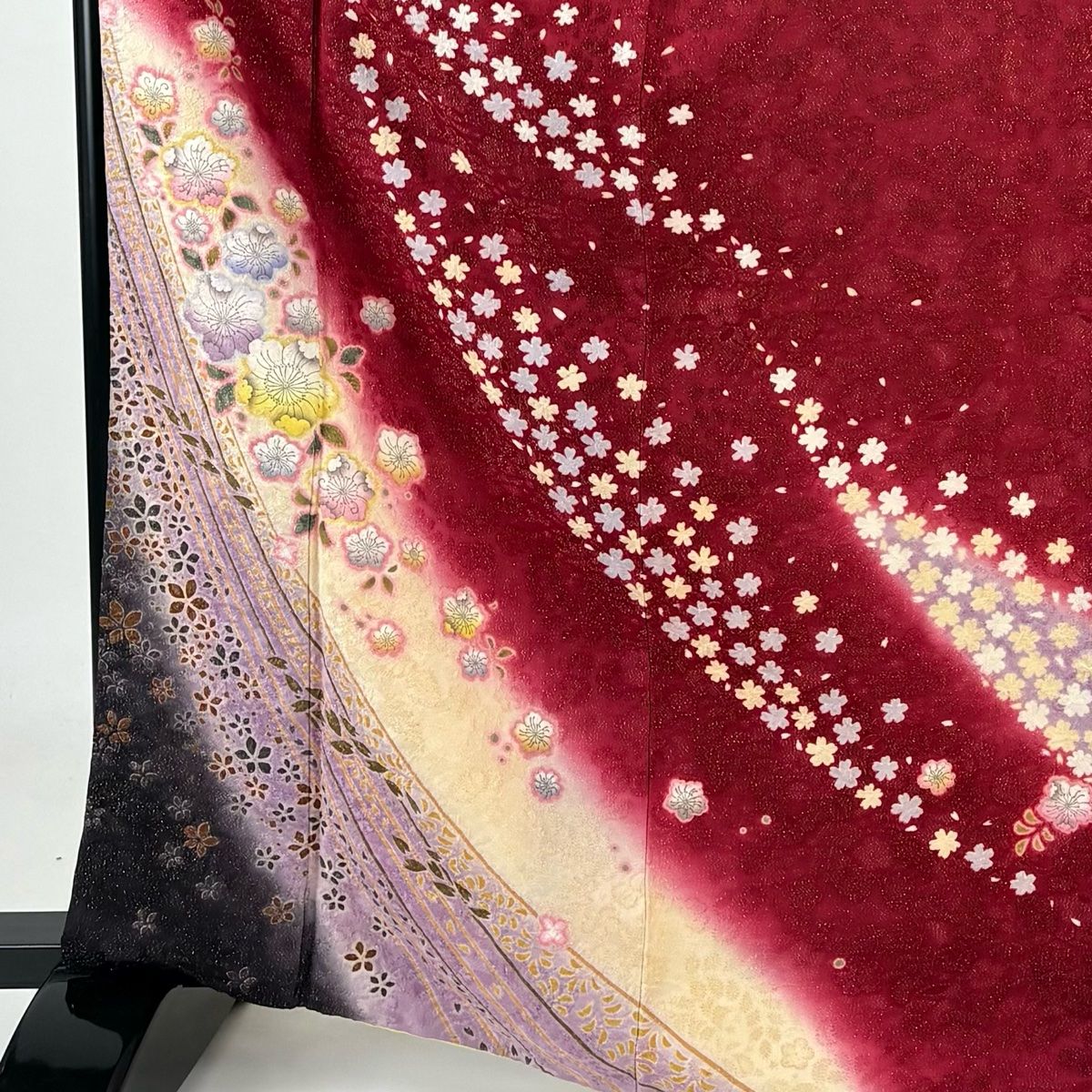 振袖 身丈169 cm 裄丈67 M 袷 草花 花びら 金通し ぼかし えんじ色 正絹