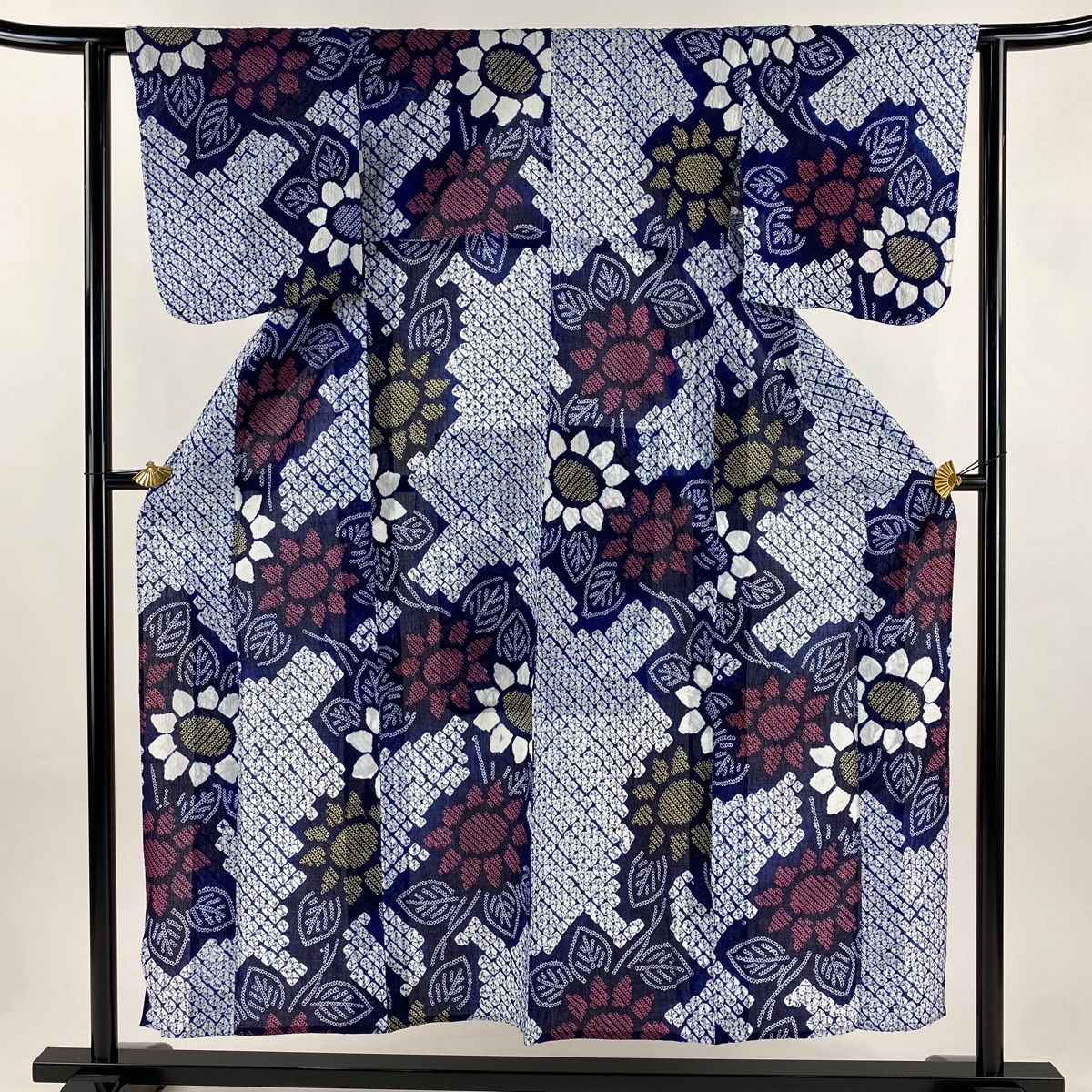 浴衣 身丈154 cm 裄丈62.5 S 絞り浴衣 草花 紺色 綿