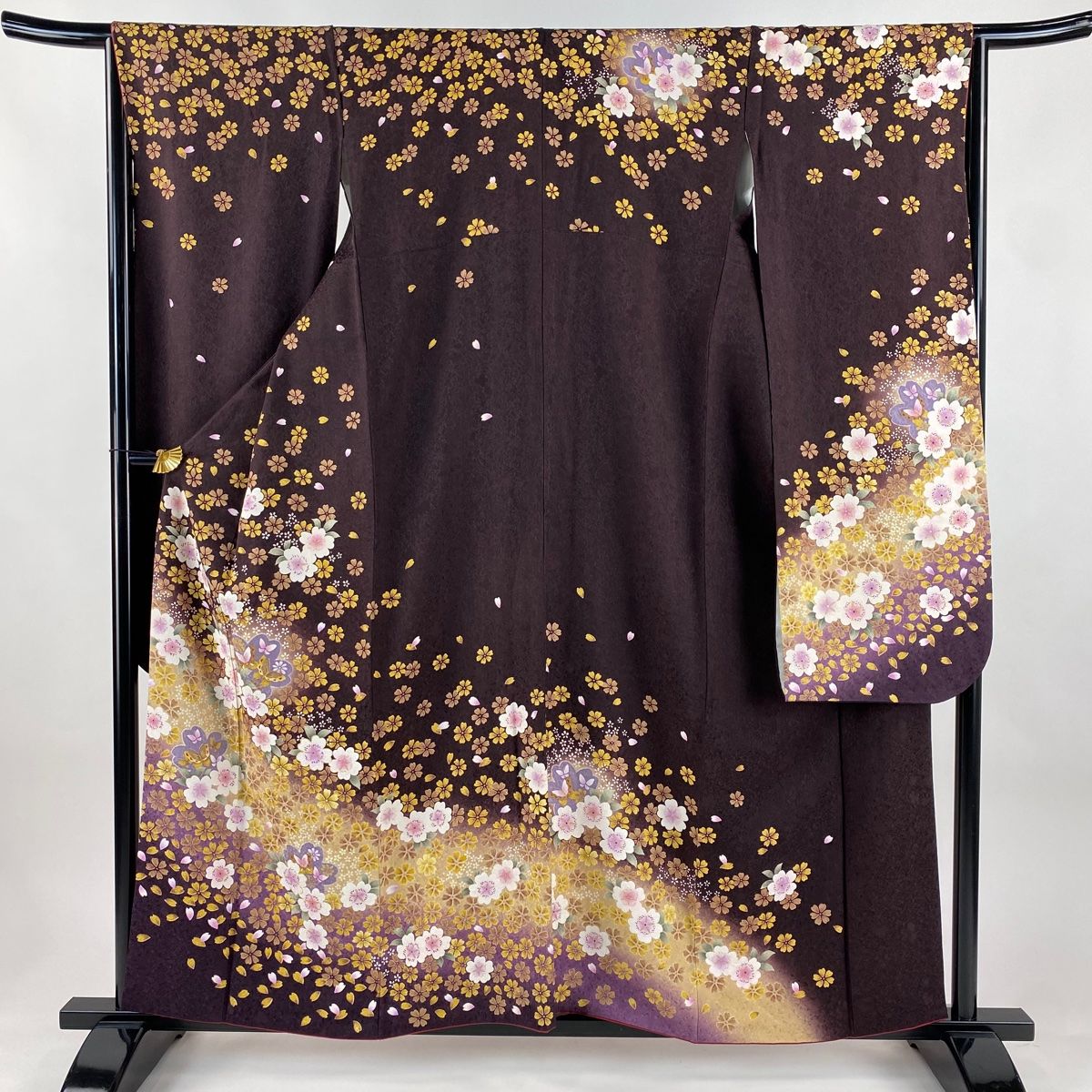 振袖 身丈160.5 cm 裄丈66 M 袷 桜 金糸 金彩 茶色 正絹