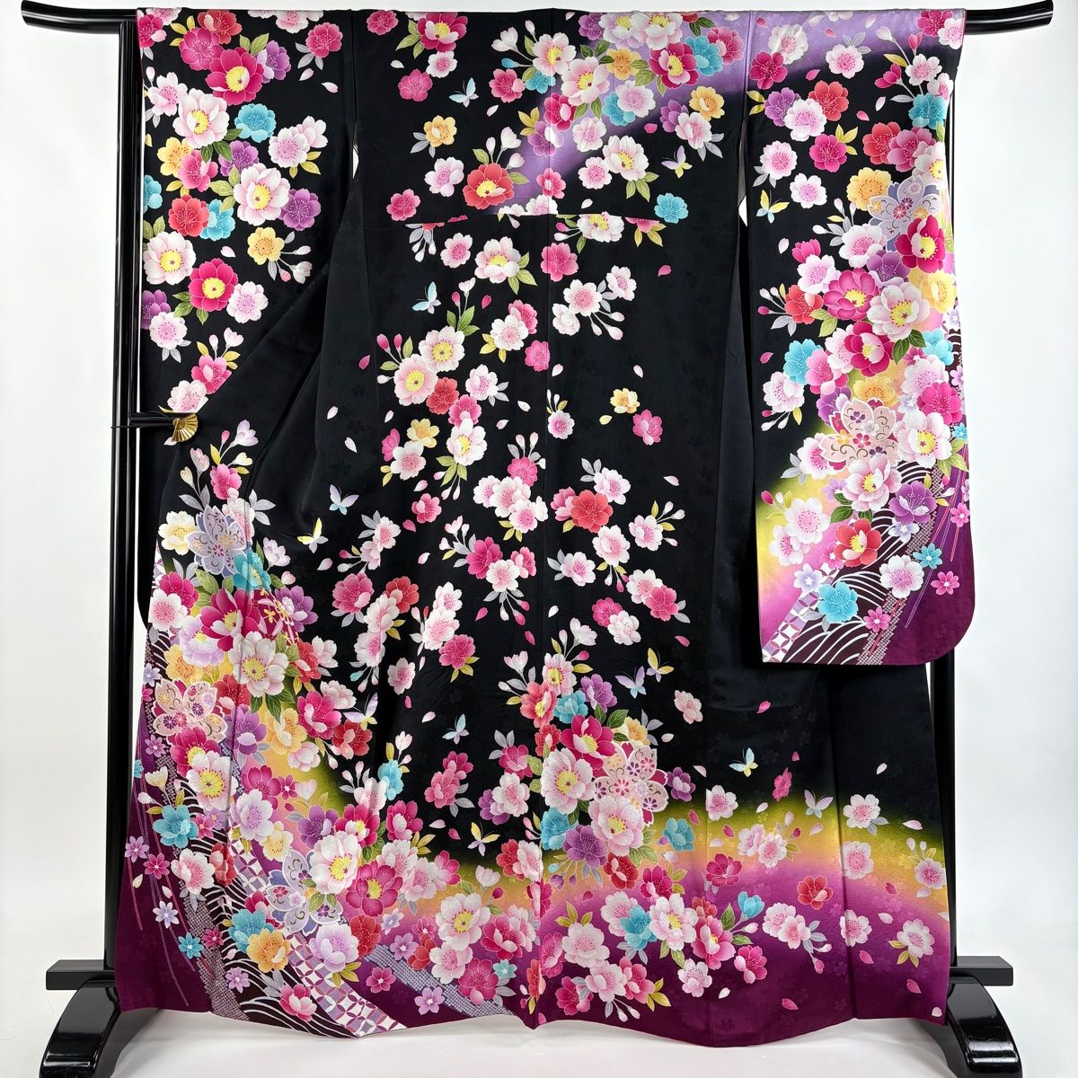 振袖 身丈165 5 cm 裄丈66 M 袷 桜 手鞠 金糸 金彩 黒 正絹