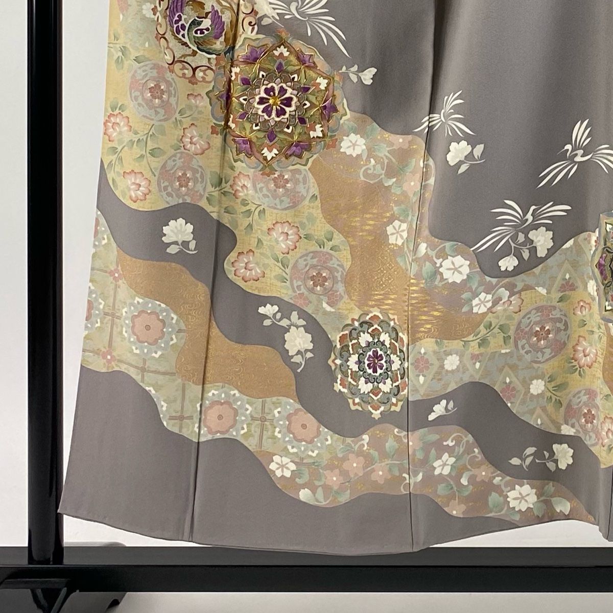 色留袖 身丈154 cm 裄丈63 S 袷 帝王紫 落款 華文 鳥 金糸 刺繍 灰紫 正絹 一つ紋