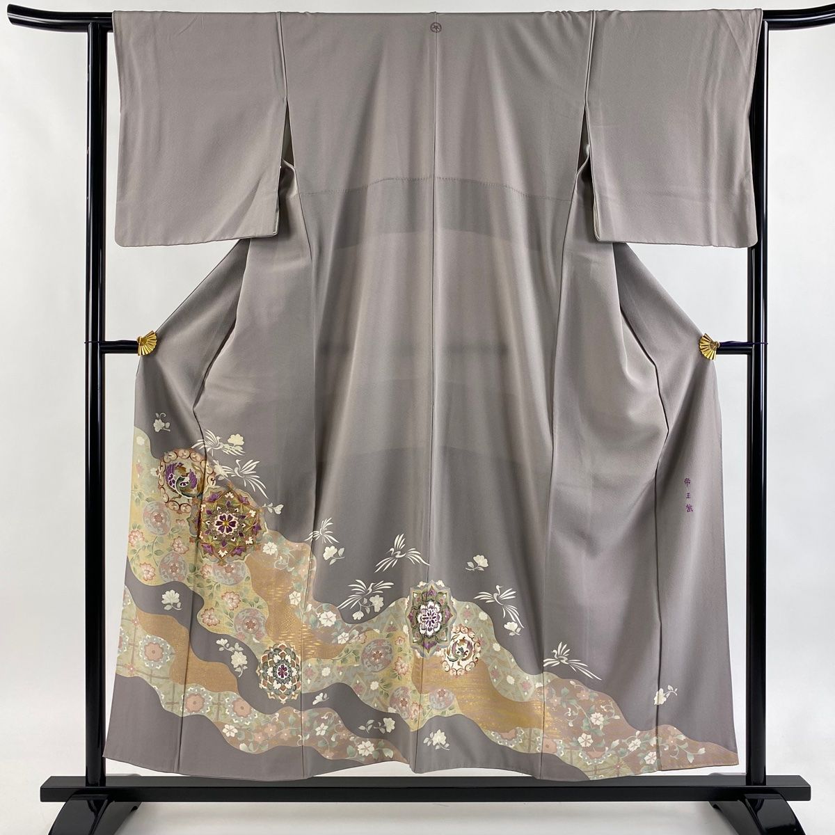 色留袖 身丈154 cm 裄丈63 S 袷 帝王紫 落款 華文 鳥 金糸 刺繍 灰紫 正絹 一つ紋