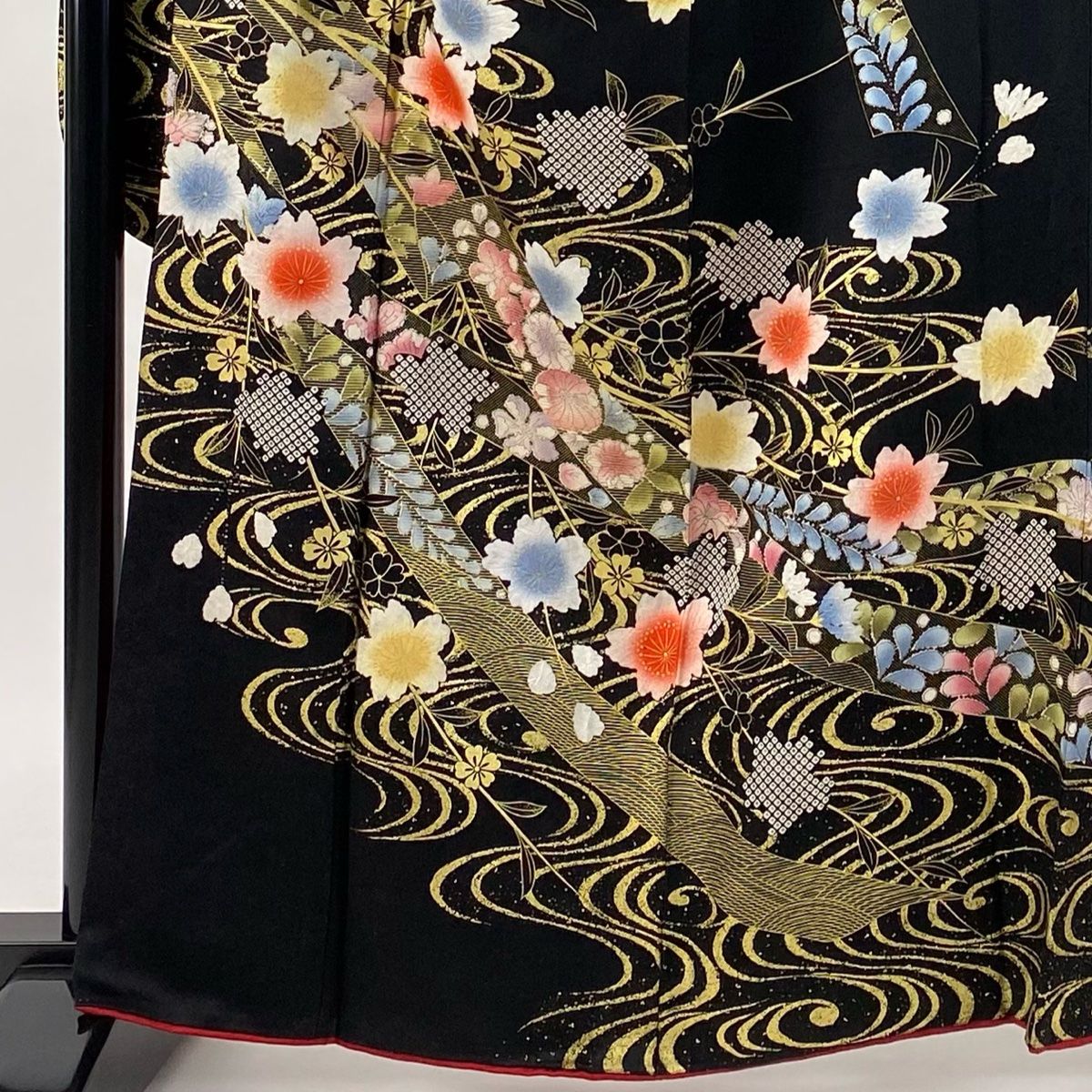 振袖 身丈164 cm 裄丈67 5 L 袷 桜 流水 金彩 黒 正絹