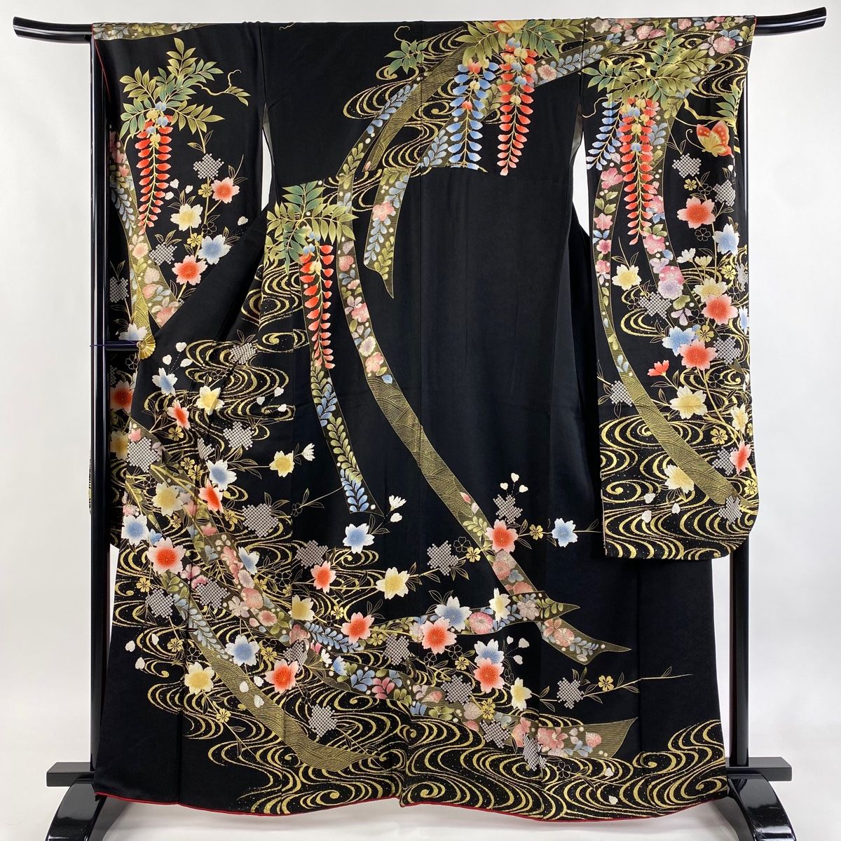 振袖 身丈164 cm 裄丈67.5 L 袷 桜 流水 金彩 黒 正絹