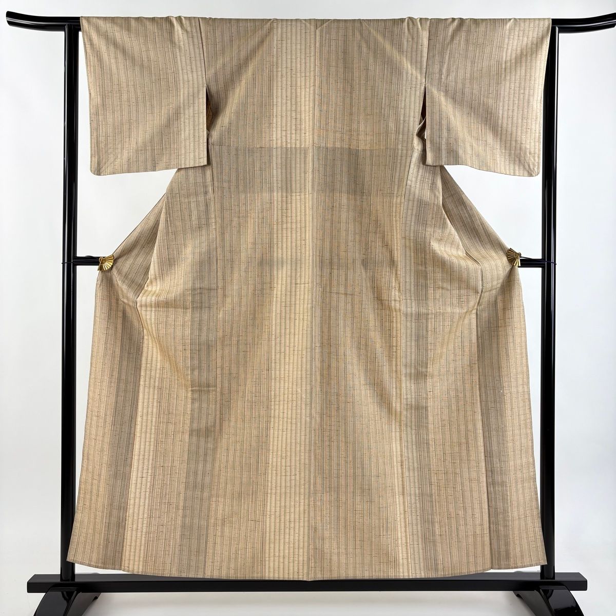 紬 身丈157.5 cm 裄丈63.5 S 単衣 縦縞 薄茶色 正絹