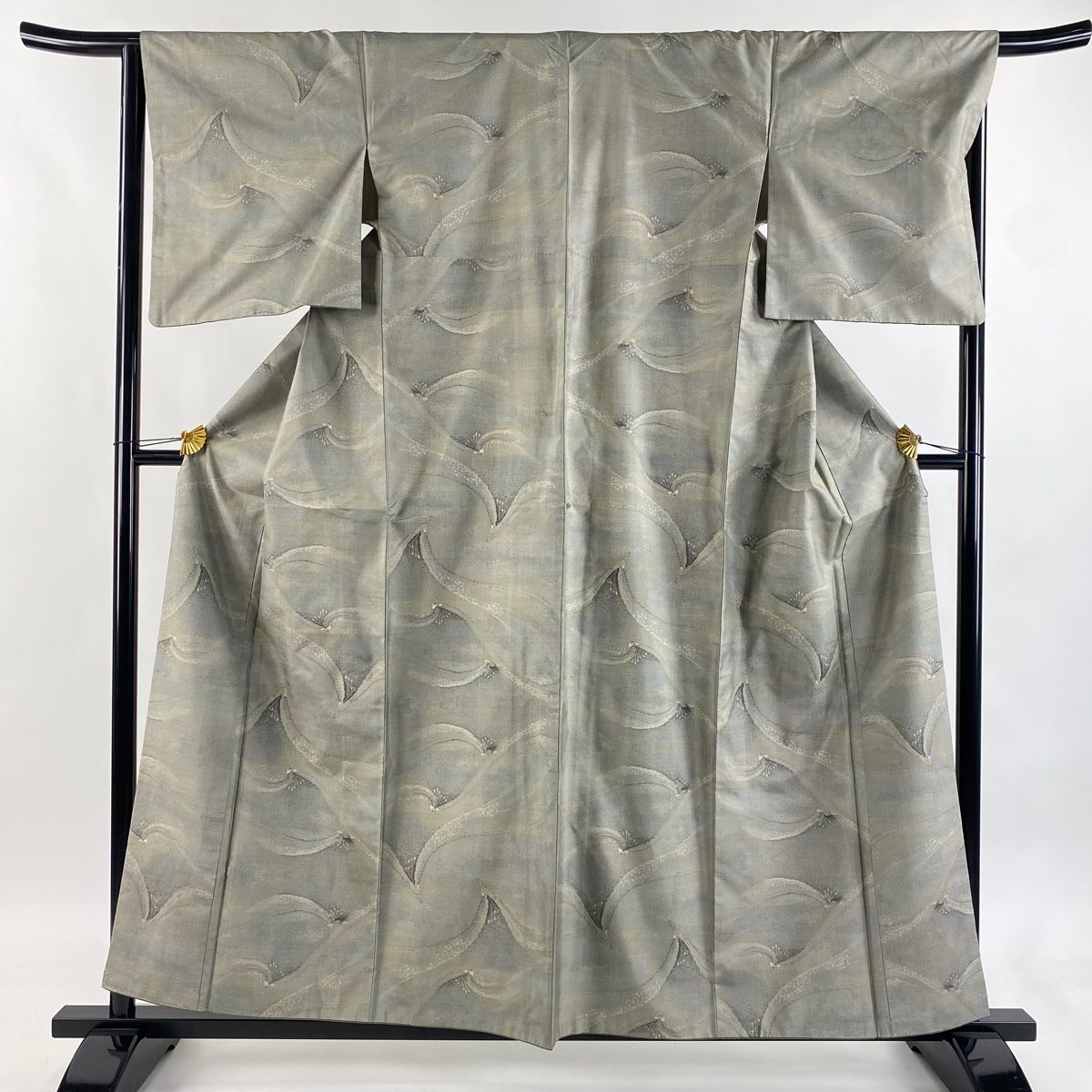 大島紬 身丈159 cm 裄丈66 5 M 袷 都喜ヱ門 証紙 草花 霞 灰緑 正絹