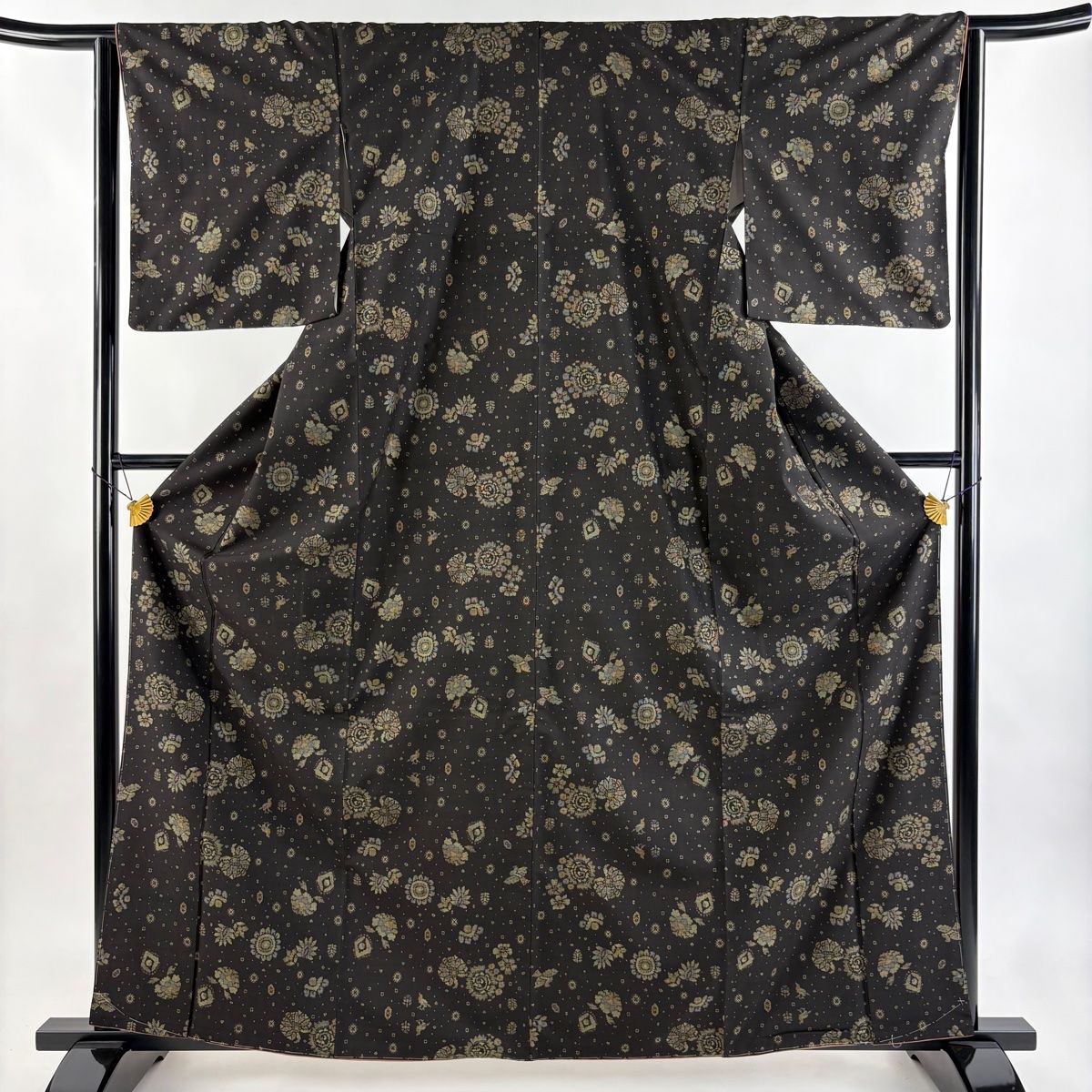 大島紬 身丈162 5 cm 裄丈64 M 袷 花 鳥 墨色 正絹