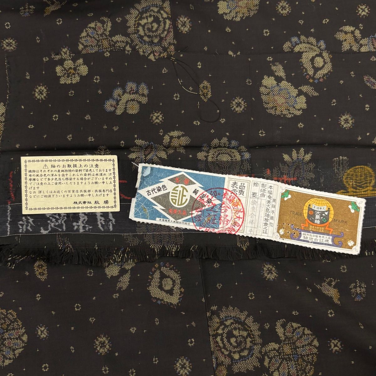  大島紬 身丈162 5 cm 裄丈64 M 袷 花 鳥 墨色 正絹 紬 着物