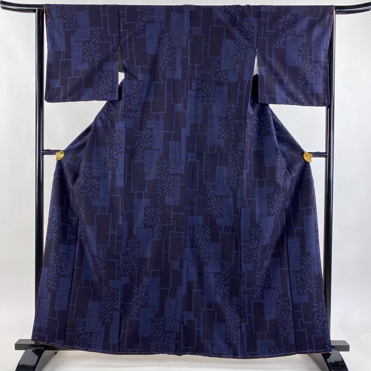 結城紬 身丈163 cm 裄丈64 M 袷 はたおり娘 証紙 花 短冊 濃紺 正絹 紬 着物 着物 浴衣