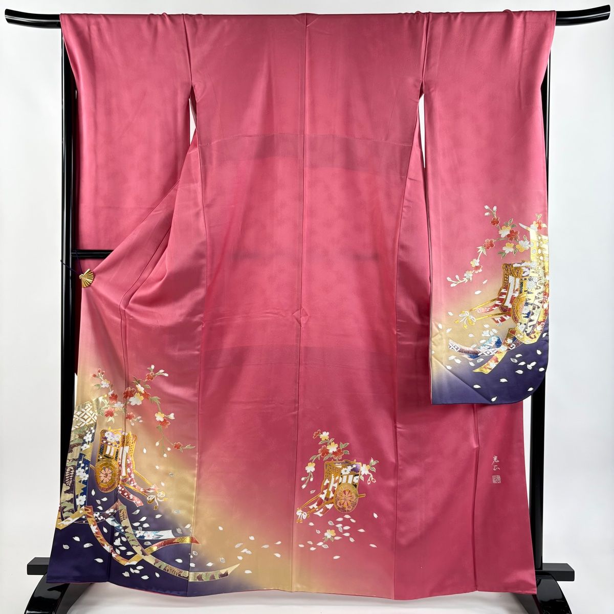 振袖 身丈164 5 cm 裄丈68 L 袷 和田光正 落款 御所車 几帳 金銀彩 ラメ ピンク 正絹